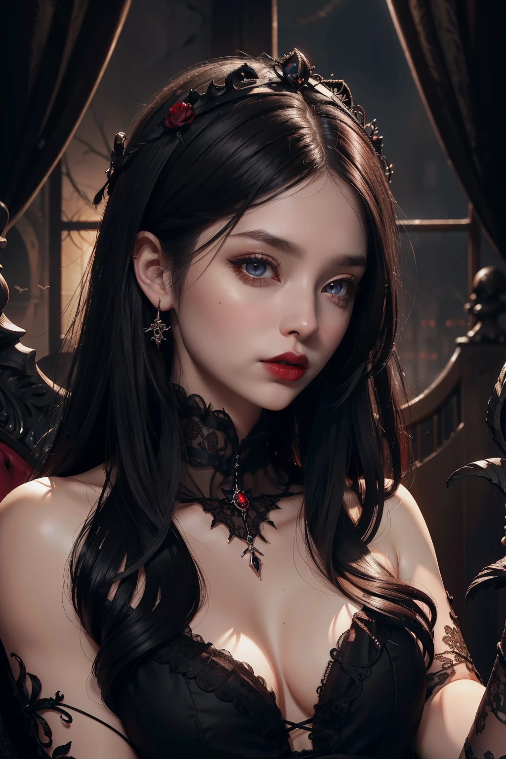 Art of Lily Vampire Pic by Ethelkira on Pixabay -- A captivating masterpiece in 8K resolution, showcasing the intricate details of a mysterious Lily Vampire figure. The vine-entwined gothic background adds an alluring atmosphere, with realistic textures and vibrant colors. Lily's delicate features, highlighted by cinematic lighting, include a pale complexion, dark red lips, and captivating crimson eyes that seem to peer deep into the soul. Her luxurious, raven-black hair cascades down, shimmering with a subtle sheen. The artwork exudes a superb combination of realism and eerie charm,