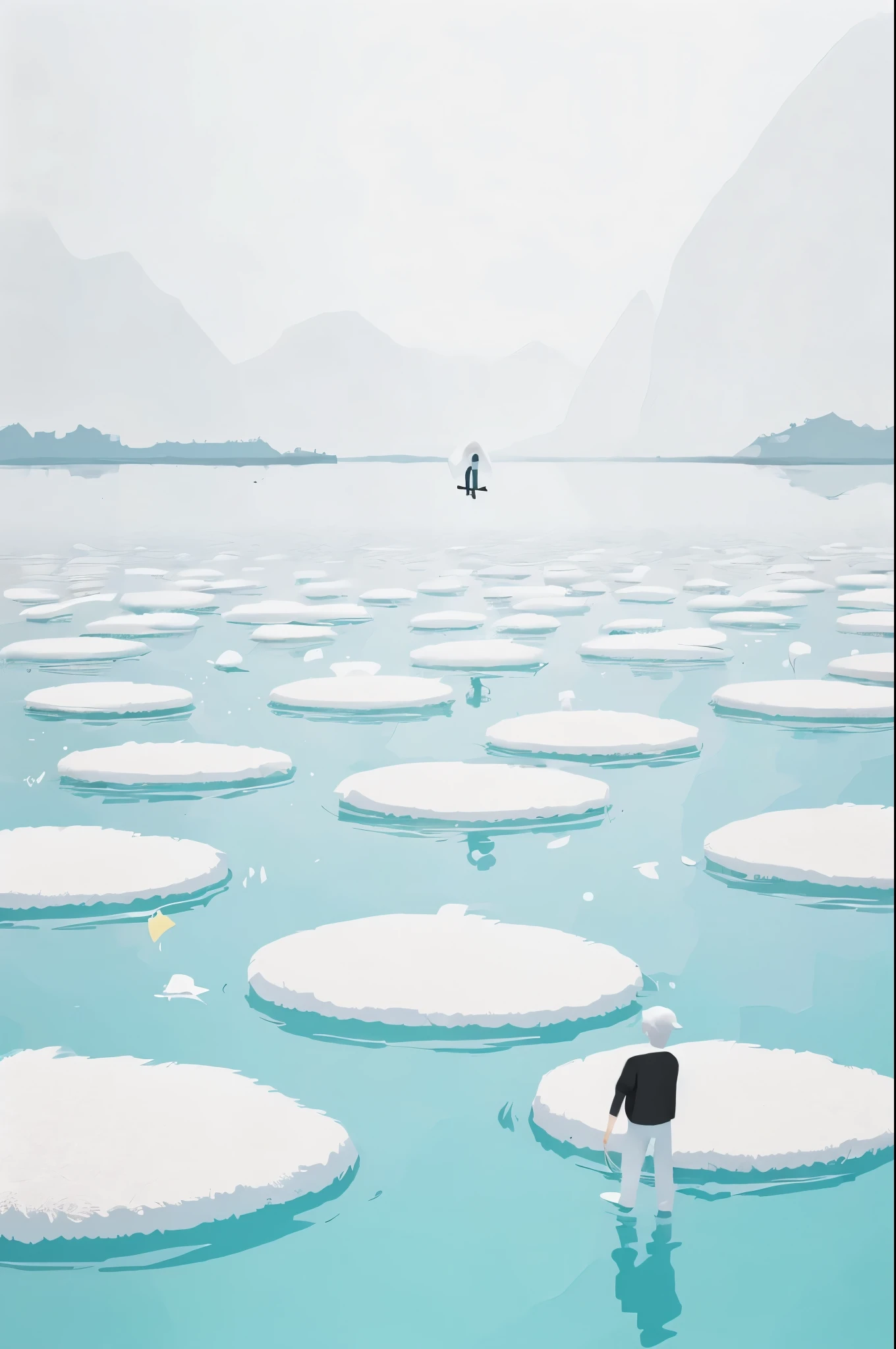 White-haired men floating on the water,minimalist,animation art style,palette bright
