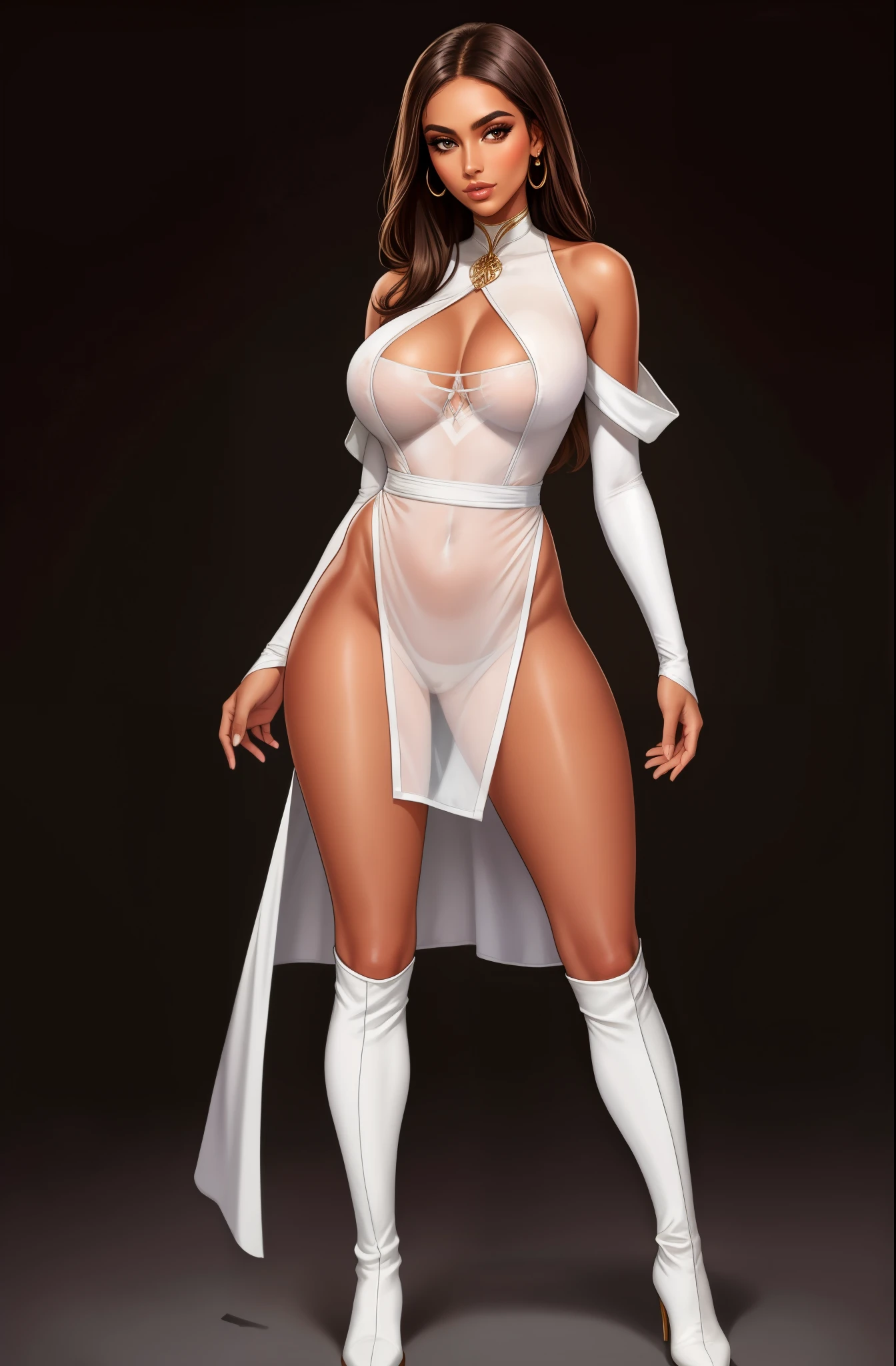 bronze skin, tanned, gorgeous woman, full body shot, lithe, blank background, black background, white tunic, leg slit, boots, 