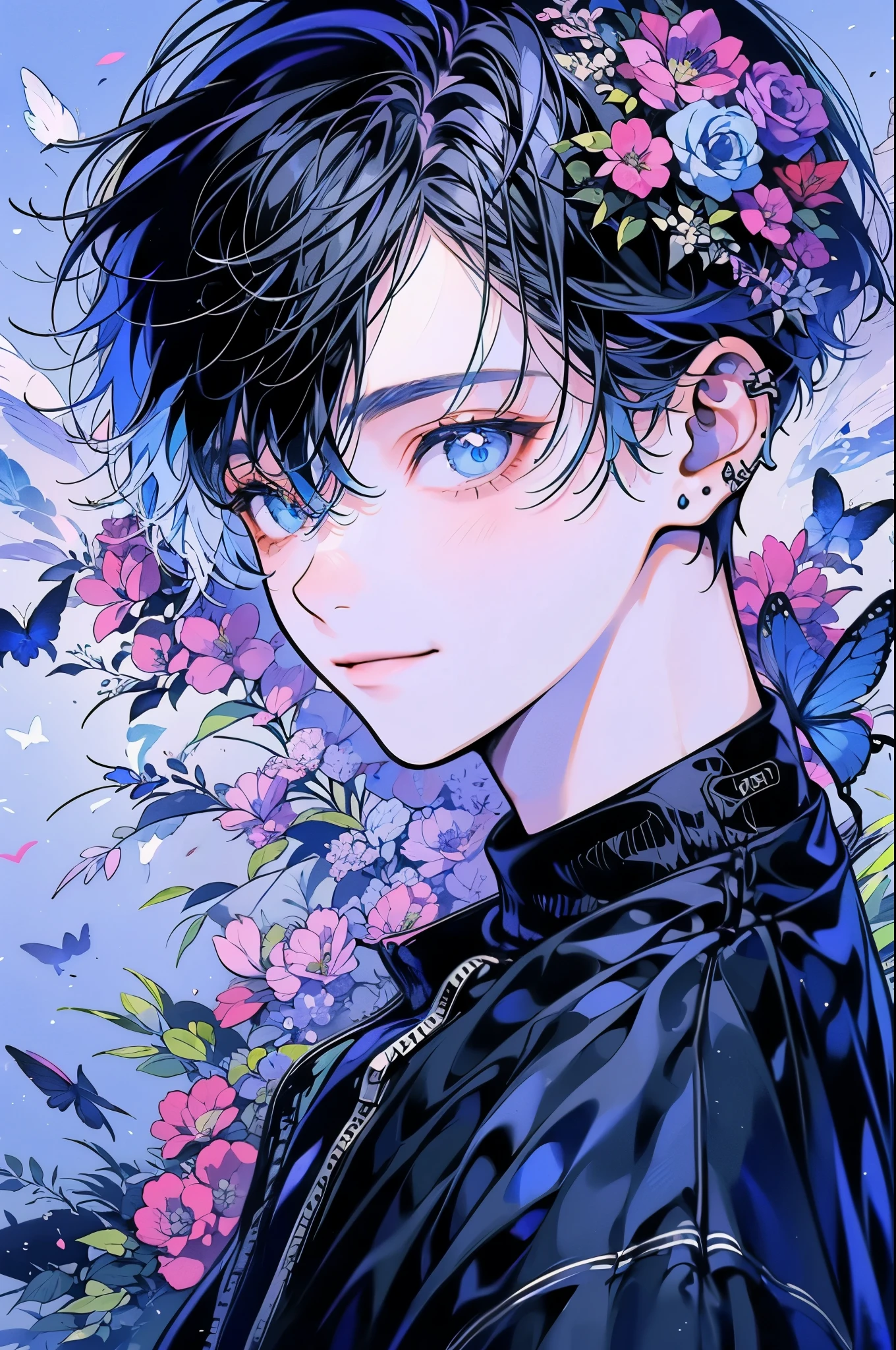 (muste piece), (highest quality), very detailed, (two boys:1.4), concentrated,perfect face, beautiful face, very detailed顔,(blue eyes:1.3),flower,butterfly々,flowerびら,Light,(smile:1.3),(light blue haired boy:1.4),(black haired boy:1.4)