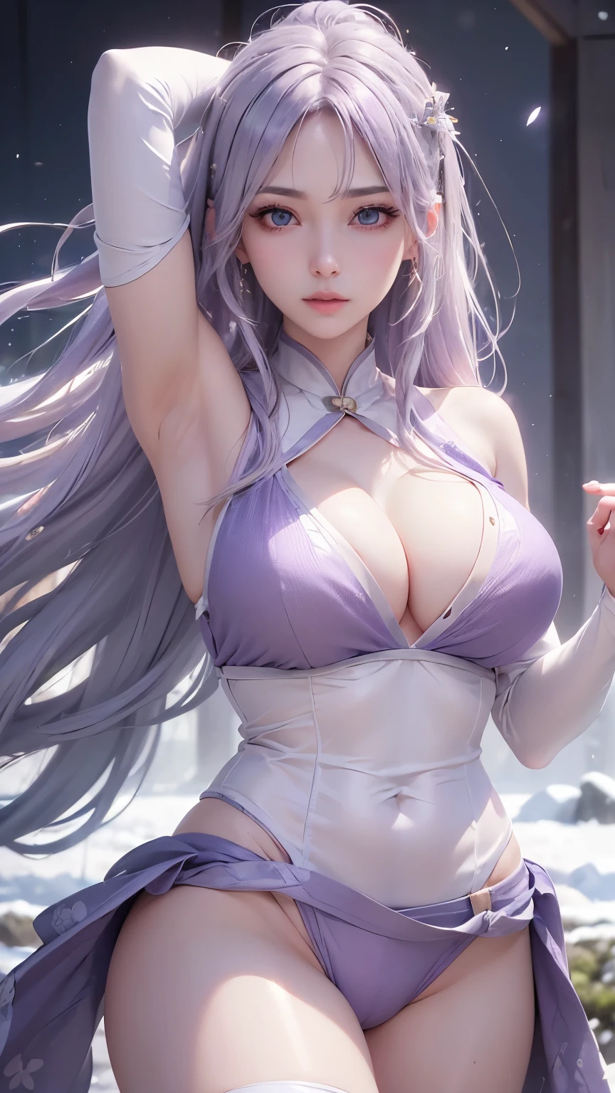 (logo、masterpiece、8k、table top、RAW photo、wonderful、最high quality、Photorealistic and hvery detailed CG integrated 8k wallpaper、high quality、very detailed、Narrative poem、particle effects、dynamic effects、written boundary depth、cinematic light、Lens flare、ray tracing)、fantasy、 (1 beautiful woman、light purple hair、beautiful face、real face、beautiful detailed eyes、beautiful skin、woman dancing gracefully:1.7、woman dancing gracefully:1.7)、Hair flutters in Wind、hair bounces、髪がWindで踊る、hair jump、halter neck、leather pants suit、leather jacket、silver earrings、night、Wind、darkness、雪とhoarfrost、very cold winter day、snow-capped mountainや森、hoarfrost、snow-capped mountain々、The beauty and brilliance of frost-covered trees、Serenity and beauty meadow of ice and snow world、vast land、Lakeside、wonderful景色、美しい自然のWind景、night空、Wind、cherry blossoms、cherry blossomsの花びらが舞っている、SakuraFubuki、falling petals