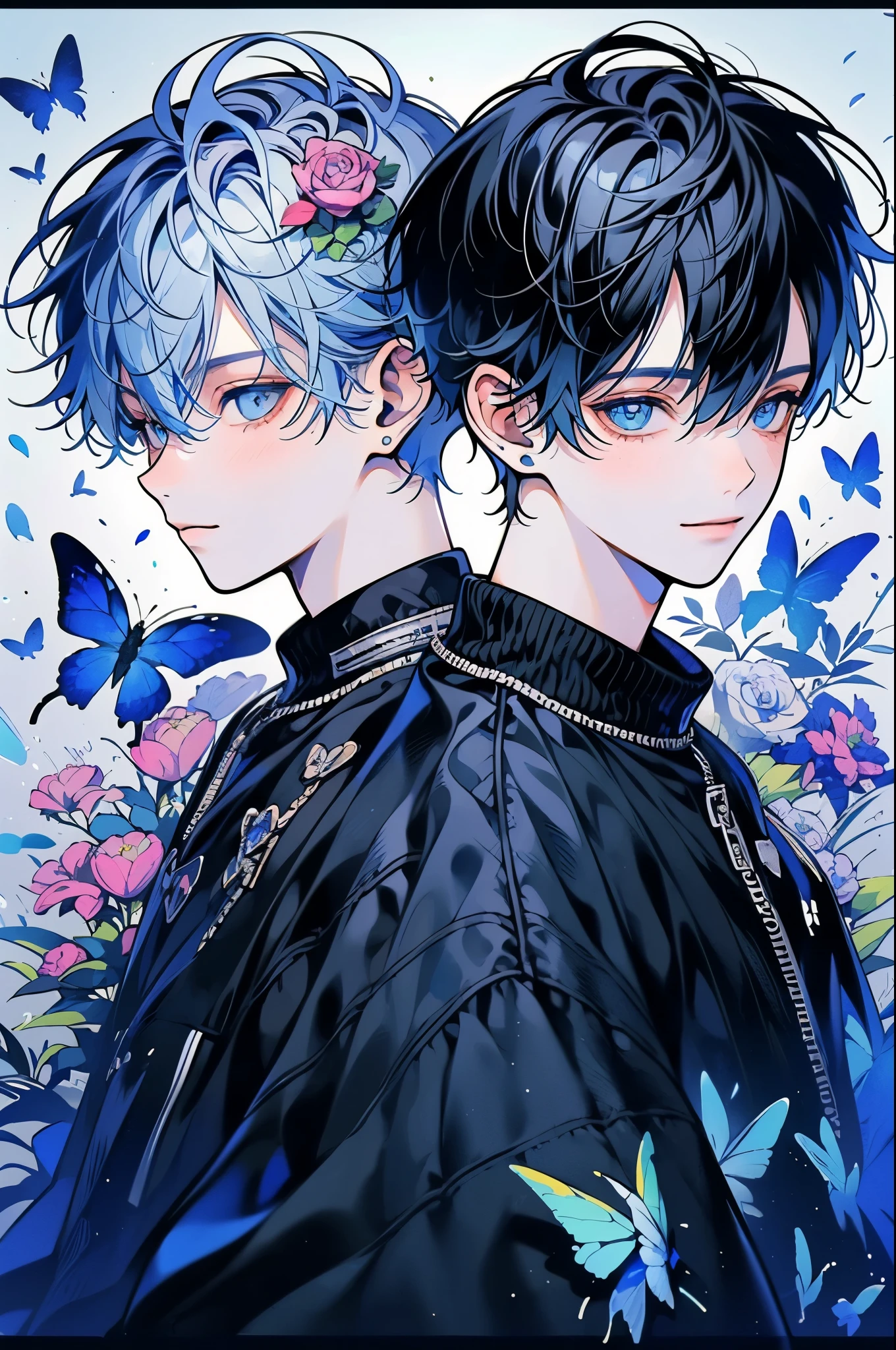 (muste piece), (highest quality), very detailed, (two boys:1.4), concentrated，perfect face, beautiful face, very detailed顔，(blue eyes:1.3)，flower，butterfly々，flowerびら，Light，(smile:1.3)，(light blue haired boy:1.4)，(black haired boy:1.4)