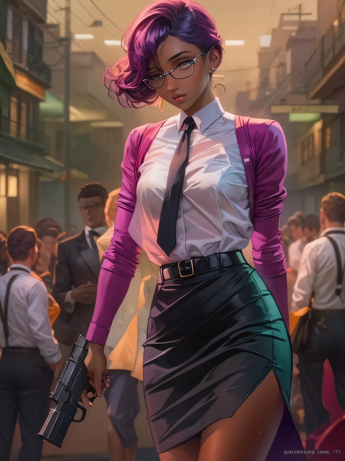 (masterpiece, best quality:1.2),Mafia background super detailed, 1 girl with a gun, alone,Exquisite hair color，short hair，( Wear conservative dress, black tie:1.2)Get a pistol, ,glowing skin，A lot of sweat(  very dark skin 1.2)，wear glasses，earrings（（（nervous expression）））blush，mysterious atmosphere，pink lips