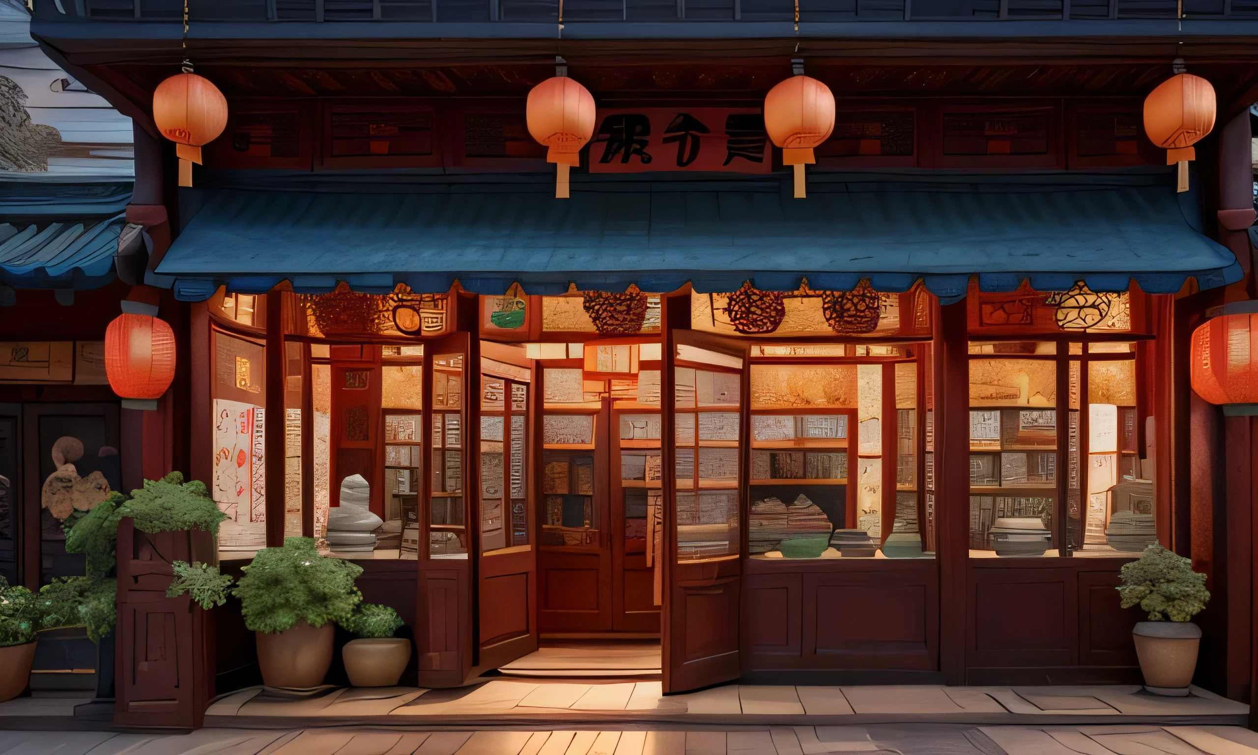 Entrance to Chinese antique store during daytime, Front view.8k