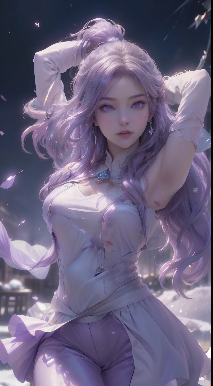 (logo、masterpiece、8k、table top、RAW photo、wonderful、最high quality、Photorealistic and hvery detailed CG integrated 8k wallpaper、high quality、very detailed、Narrative poem、particle effects、dynamic effects、written boundary depth、cinematic light、Lens flare、ray tracing)、fantasy、 (1 beautiful woman、light purple hair、beautiful face、real face、beautiful detailed eyes、beautiful skin、woman dancing gracefully:1.7、woman dancing gracefully:1.7)、Hair flutters in Wind、hair bounces、髪がWindで踊る、hair jump、halter neck、leather pants suit、leather jacket、silver earrings、night、Wind、darkness、雪とhoarfrost、very cold winter day、snow-capped mountainや森、hoarfrost、snow-capped mountain々、The beauty and brilliance of frost-covered trees、Serenity and beauty meadow of ice and snow world、vast land、Lakeside、wonderful景色、美しい自然のWind景、night空、Wind、cherry blossoms、cherry blossomsの花びらが舞っている、cherry blossoms吹雪、falling petals