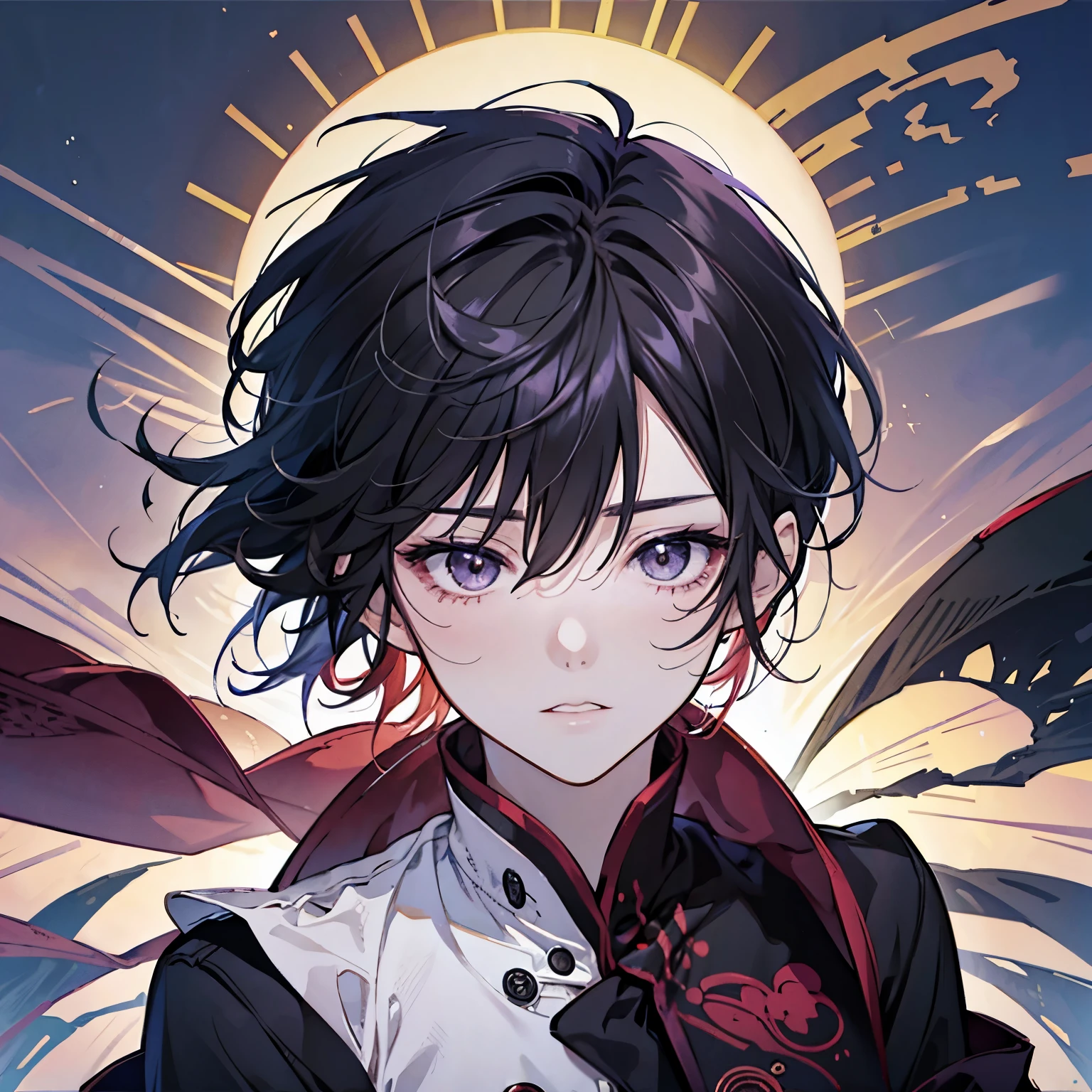 Mai Yoneyama&#39;s style　one boy　black hair　berry　messy hair　pixiv fashion trends　beautiful boy　profile　sunset　painful　10th generation　looking up　short hair
