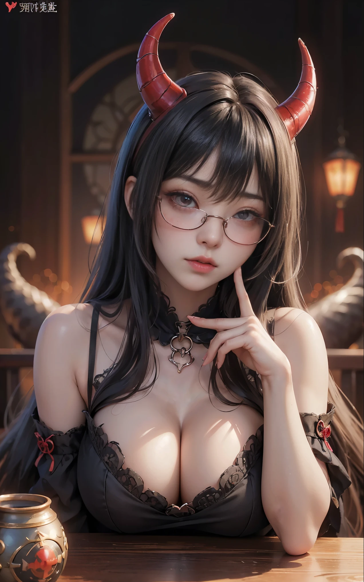 got itですかですか、(best illustrations)、8k UHD resolution、intricate details、highest quality、realistic、Super detailed、best lighting、best shadow、soft lighting、ultra hd、超realistic、Tyndall effect、Photoreal、(high detail skin:1.2)、 (intricate details, compensate, face to face with the children_v1:0.5), (got it, beautiful and delicate face, got itですか, beautiful and delicate eyes, perfectly proportioned face, high resolution skins, fine skin, Optimal ratio of 4 fingers and 1 thumb, arm under chest, red tattoo on lower abdomen、Wow wow, wide hips, smooth abdomen, thin and thin skin, __fashion__, __hair__:1.25)、Digital single-lens reflex camera、 absurd、(table top: 1.3), (maximum resolution: 1.2), (ultra hdTV: 1.2), cinematic light, fine eyes and skin, detailed facial features, , (sharp focus: 1.2）, (focus on the face:1.2),perfect style, beautiful face, acura, anatomically correct, Highly detailed face and skin texture, fine eyes, double eyelid, thin eyebrows, glitter eyeliner: 1 natural cheeks, Glossy skin, Fair skin: 1.2, (glossy lips: 1.4),(embarrassed look: 1.2),Highly detailed face and skin texture, fine eyes, double eyelid, natural cheeks,  glossy lips: 1.4,exposed cleavage、Bewitching。charm、 Beautiful devil woman from hell, デヴィッド・ホックニーとアルフォンス・ミュシャによる超realistic女性の肖像画, charm女性の肖像画、fantasy art, Chinese humanoid robot、chinese actress、dungeon、dragon、devil&#39;palace of、devil&#39;torture chamber、night、dark style 、in the dark、(detailed spooky background:0.8), magic、 1 girl、evil nun、dark necromancer、Succubus、devil&#39;Daughter of、Shinonome Umi、bat wings，(((devil&#39;Horn)))、 ((((giant glasses, otaku glasses, thick glasses, round glasses)))),(((big breasts)))、(devil&#39;tail)、(red eyesは光り輝いて:1.6)、red eyesは非常に鮮明で詳細です, your eyes are so beautifully made, ((red eyes:1.0)),intricate tattoo, demonic intricate tattoo, thigh tattoo, body tattoo, masterpiece、最もbeautiful face、baby face、cute smile、beautiful plump red lips、筋肉のcharm体、devilのcharm体、devil style、charmブラックマジックコスチューム、The long-haired、Braid、Black hair、Ponytail distortion、, Ponytail with a bow tied at the back of the hair, beautiful expression、body up、big breasts強調、bust,  super tight chest, Breast augmentation surgery, Breasts are very big and round,tight waist、wide ass、 secret key, cowboy lens, (black phoenix dress: 1.0),  devil crown,  bright red jewel necklace、Jewelry G Wise,  Please wear black mesh socks,wearing light red、nffsw, nffsw, Meeting beautiful girls, look at the girl&#39;Main body,