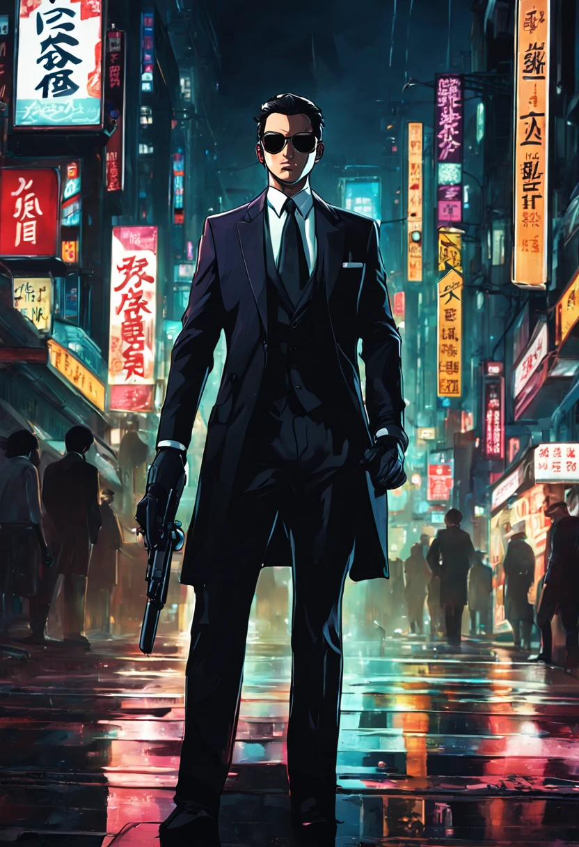 Covert Operative in Neon Tokyo: (sleek:1.3) (secret agent:1.3) in a (tailored suit:1.2) and (sunglasses:1.1), blending into the bustling neon-lit streets of (futuristic Tokyo:1.3). The agent carries a (concealed gadget:1.2) resembling an (ordinary smartphone:1.1) but with (advanced spy tech:1.3). The scene is alive with (vibrant neon signs:1.2) in (Kanji and English:1.1), reflecting off the (wet asphalt:1.1) after a (fresh rainfall:1.1). The (mysterious aura:1.2) of the agent is highlighted by a (discreet earpiece:1.1), while in the background, (shadowy figures:1.2) follow at a distance, barely visible in the (crowded alleyways:1.1).