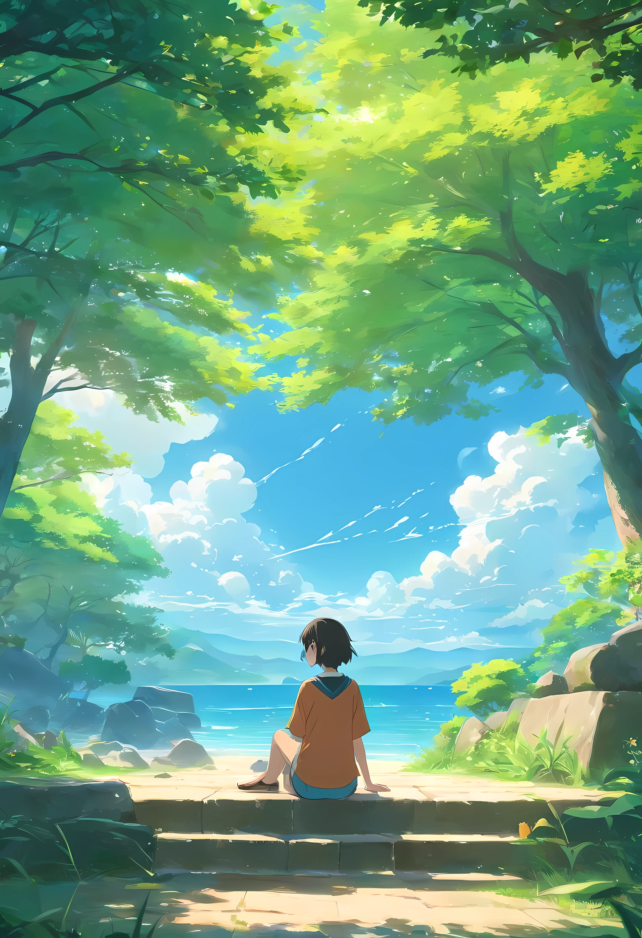 masterpiece, top-quality, (extremely detailed CG unified 8k wallpaper) (top-quality), (The best illustrations), (best shade)、Super Meticulous, blue-sky、Variety of clouds、Wonderfully beautiful, suasana pedesaan yang nyaman, man sitting under a tree,