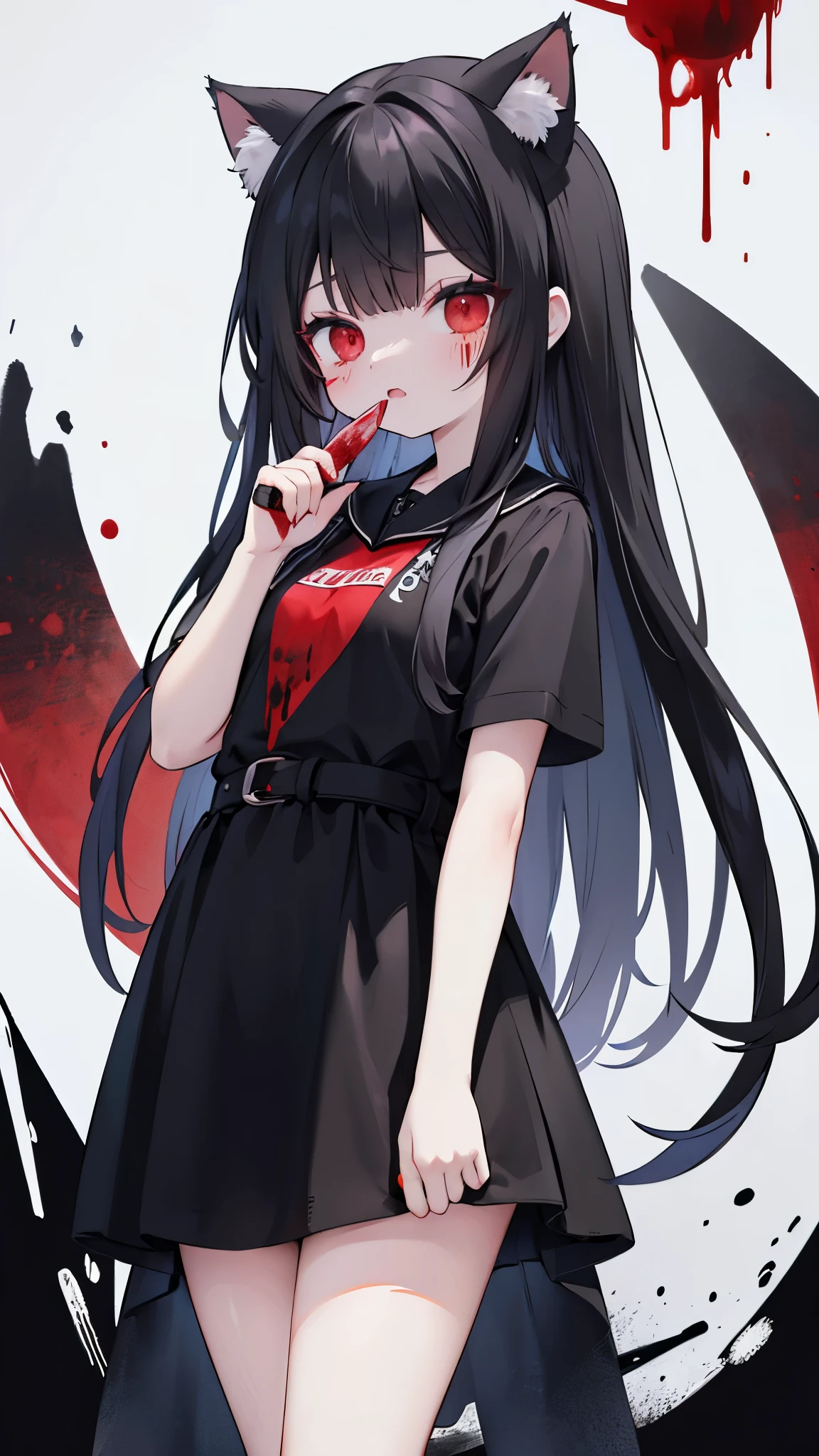 (Best quality, masterpiece) Highest Detailed, Modern Goth woman adult, Dark Eyes, Eye Bags, mouth open,black baggy t-shirt,black baseball hat,brown long hair,studded collar,torso,red eyes,hands behind head,white background,portrait,full body,no pants