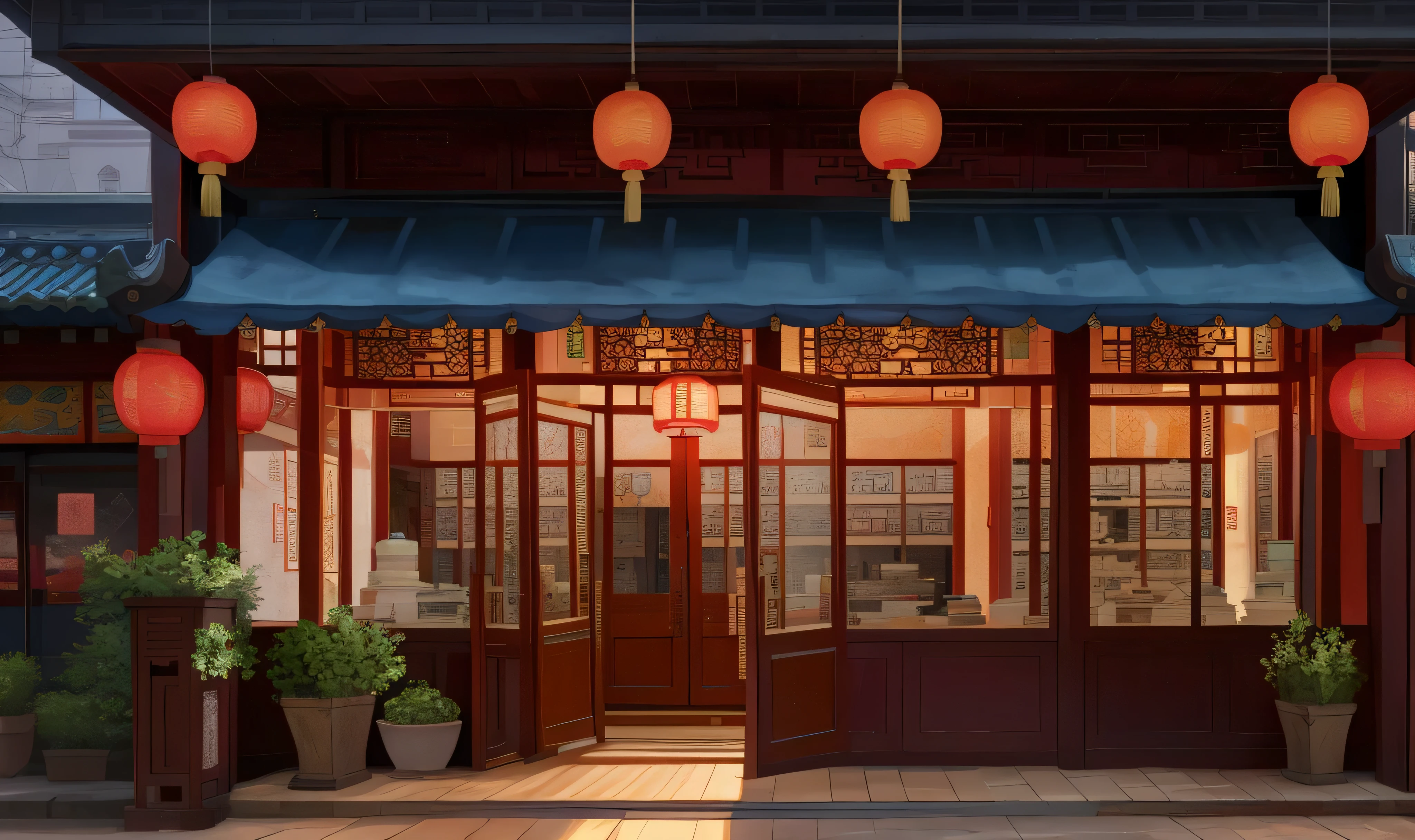 Entrance to Chinese antique store during daytime, Front view.8k