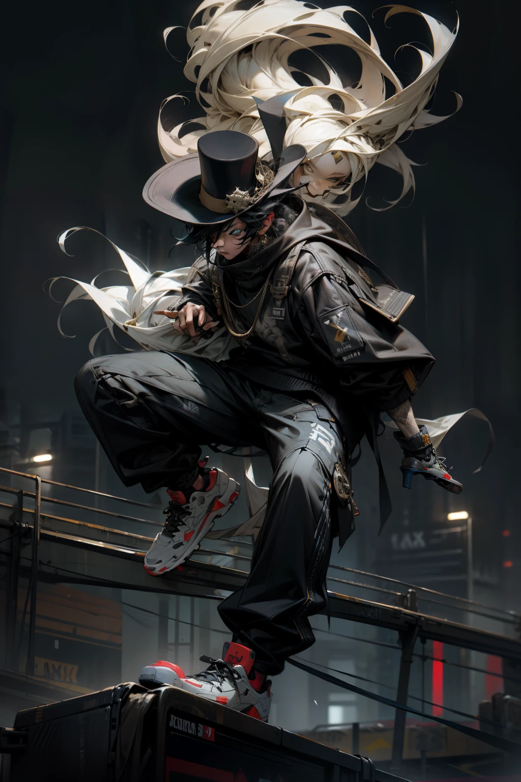 "Creating a weather-resistant outfit design with an alternative music gore theme, featuring the graffiti "RAMA" and a skater's head - in the stylistic odotom, with a modern top hat and a 3D realistic 8k sweater.
((A breathtaking masterpiece))), ((featuring the most advanced technology))), An intriguing scene unfolds before us. A mysterious figure appears, dressed in a weather-resistant outfit. The design exudes an alternative music gore theme, with graffiti "RAMA" and a stylized skater's head. The outfit's top hat and sweater showcase an odot