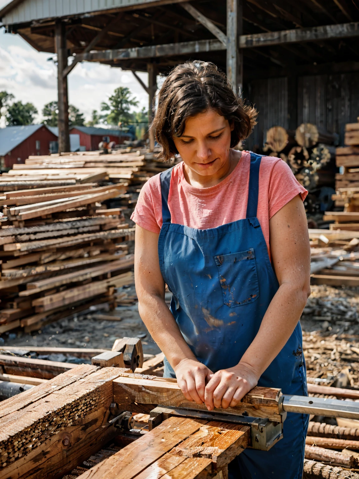 30 years old woman works on the Sawmill