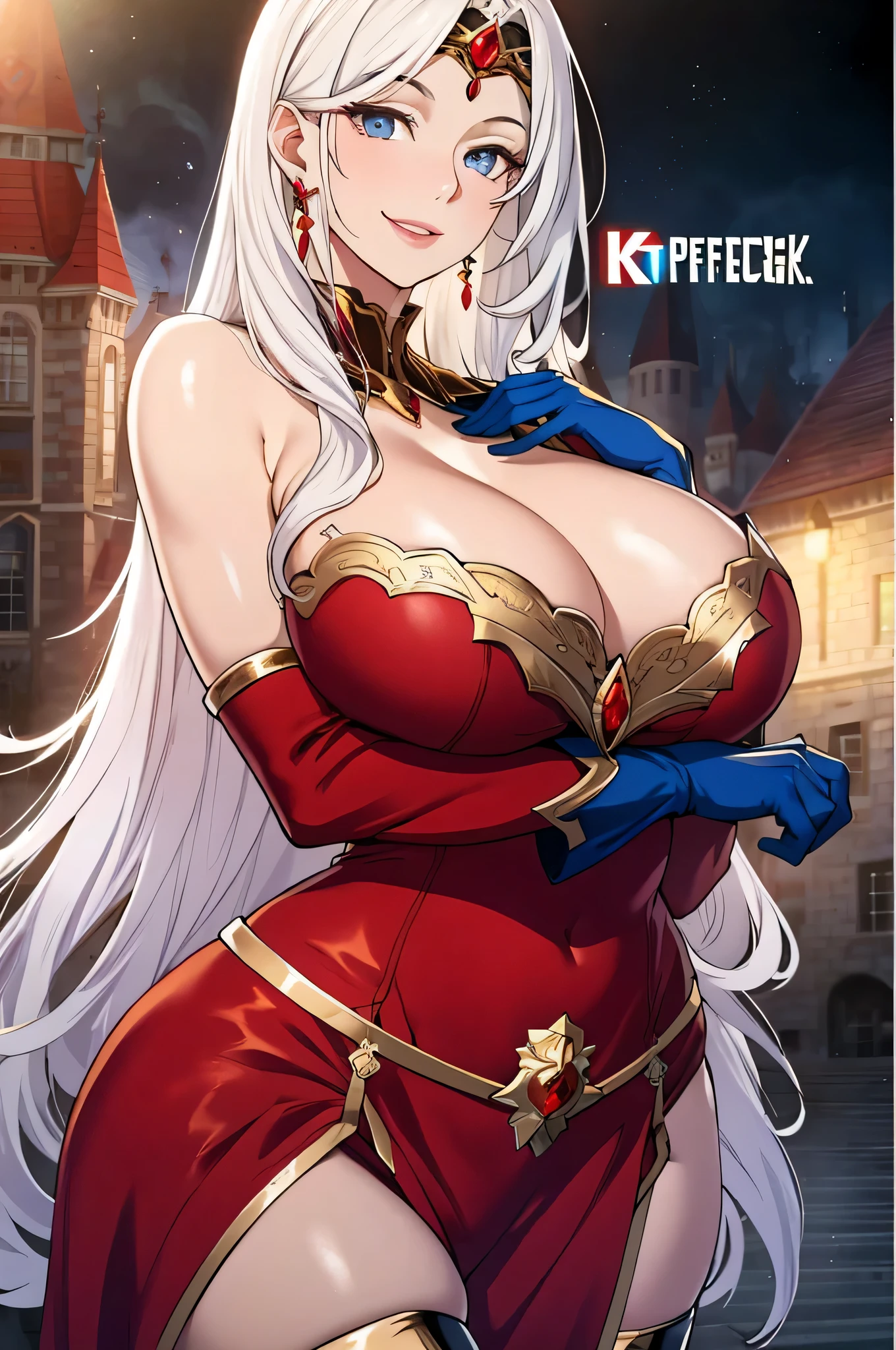 Lian, long white hair, hair stick, bangs, blue eyes, solo, smiling, standing, upper body, hips, bare shoulders,purple thighhighs, red dress, gold jewelry,armor,gloves,circlet, cleavage, red and gold royal castle, gigantic breasts, (best quality, masterpiece, beautiful and aesthetic:1.2, highest detailed face, perfect face,)  eyes, perfect face,expressive eyes,
looking at viewer, in the center of the image,(Upper_body),(Focus on her face),
official art,extremely detailed CG unity 8k wallpaper, perfect lighting,Colorful, Bright_Front_face_Lighting,shiny skin, 
(masterpiece:1.0),(best_quality:1.0), ultra high res,4K,ultra-detailed
