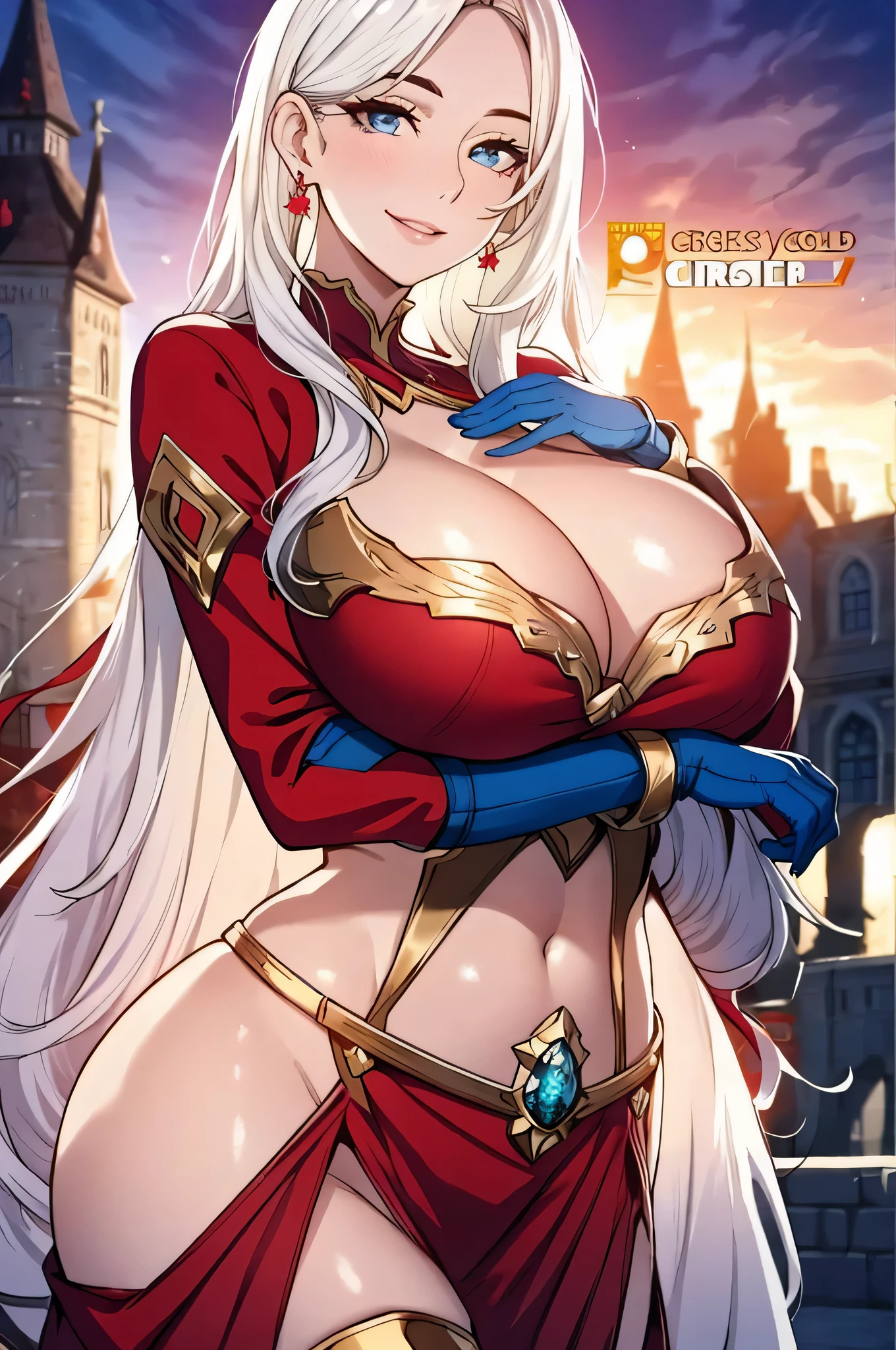 Lian, long white hair, hair stick, bangs, blue eyes, solo, smiling, standing, upper body, hips, bare shoulders,purple thighhighs, red dress, gold jewelry,armor,gloves,circlet, cleavage, red and gold royal castle, gigantic breasts, (best quality, masterpiece, beautiful and aesthetic:1.2, highest detailed face, perfect face,)  eyes, perfect face,expressive eyes,
looking at viewer, in the center of the image,(Upper_body),(Focus on her face),
official art,extremely detailed CG unity 8k wallpaper, perfect lighting,Colorful, Bright_Front_face_Lighting,shiny skin, 
(masterpiece:1.0),(best_quality:1.0), ultra high res,4K,ultra-detailed
