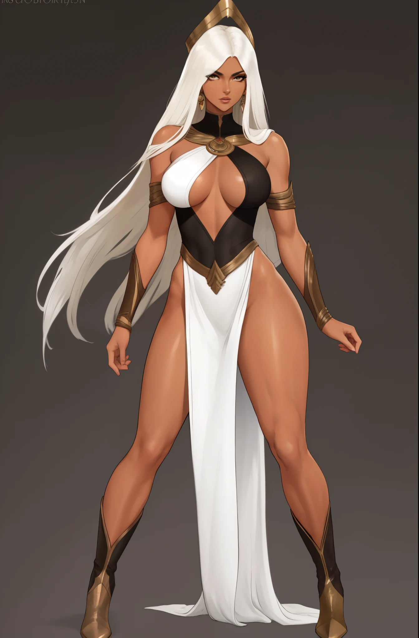 bronze skin, tanned, gorgeous woman, full body shot, lithe, blank background, black background, white tunic, leg slit, boots,