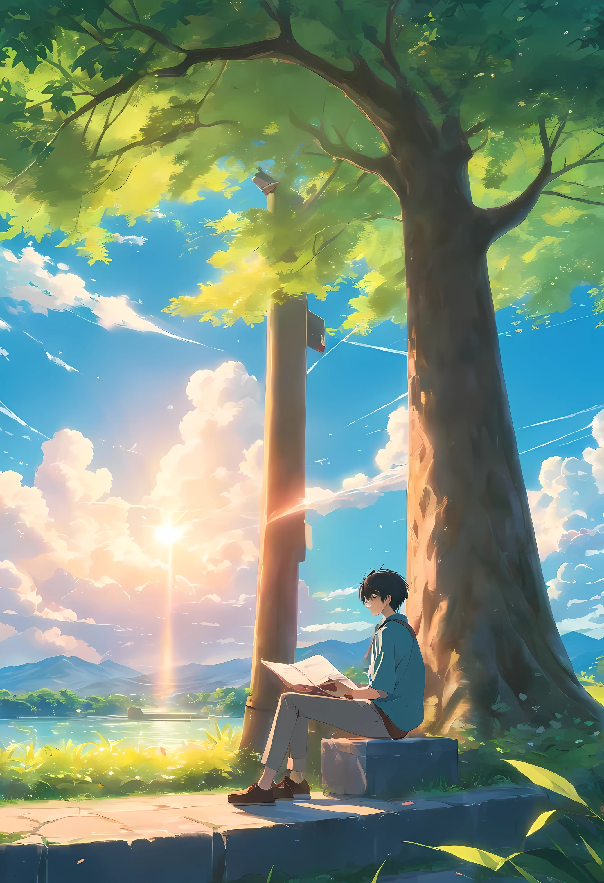masterpiece, top-quality, (extremely detailed CG unified 8k wallpaper) (top-quality), (The best illustrations), (best shade)、Super Meticulous, blue-sky、Variety of clouds、Wonderfully beautiful, suasana pedesaan yang nyaman, man sitting under a tree, detailed face, facing away, wideangle