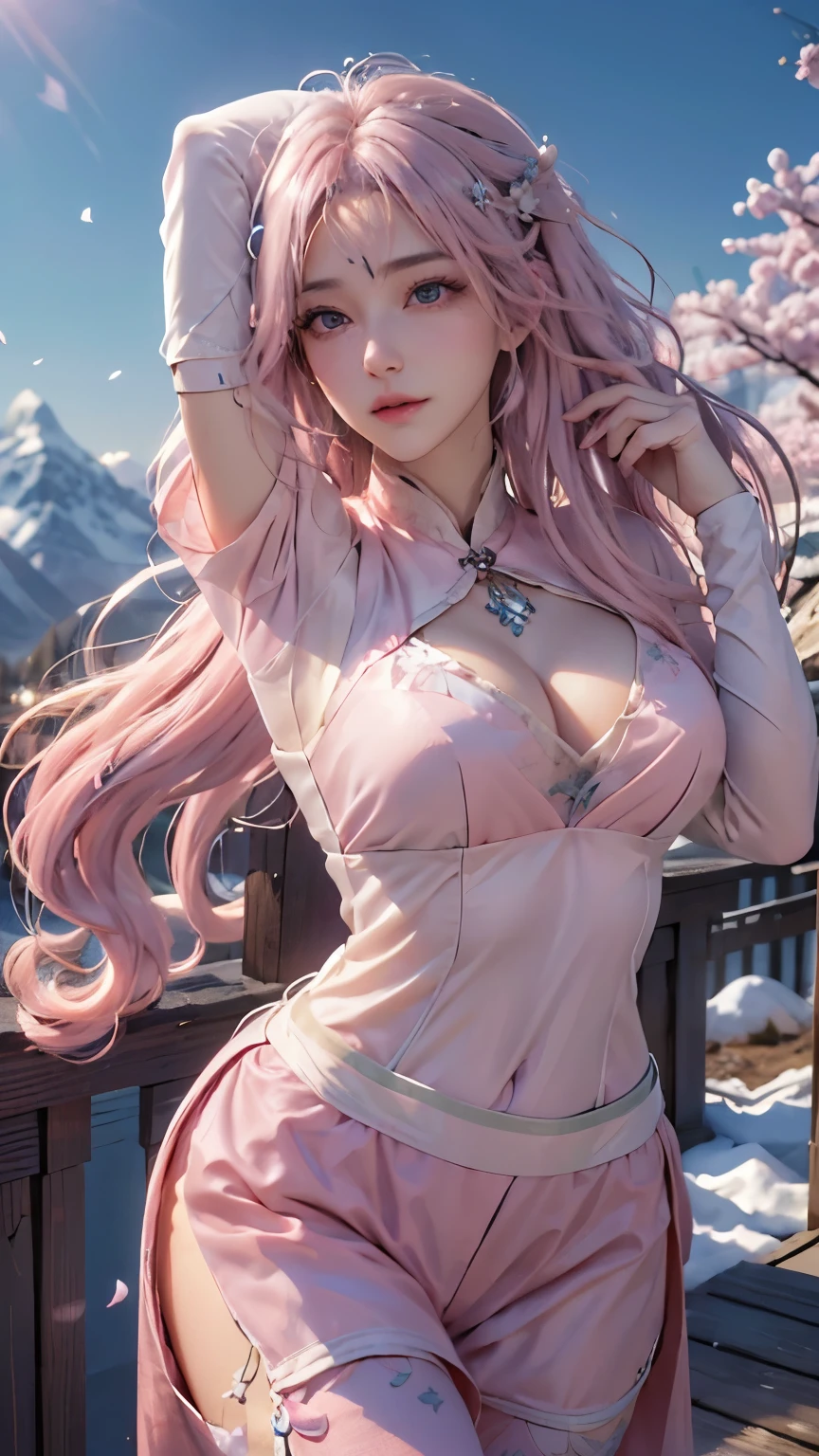 (logo、masterpiece、8k、table top、RAW photo、wonderful、最high quality、Photorealistic and hvery detailed CG integrated 8k wallpaper、high quality、very detailed、Narrative poem、particle effects、dynamic effects、written boundary depth、cinematic light、Lens flare、ray tracing)、fantasy、 (1 beautiful woman、light pink hair、beautiful face、real face、beautiful detailed eyes、beautiful skin、woman dancing gracefully:1.7、woman dancing gracefully:1.7)、Hair flutters in Wind、hair bounces、髪がWindで踊る、hair jump、halter neck、leather pants、leather jacket、silver earrings、night、Wind、darkness、雪とhoarfrost、very cold winter day、snow-capped mountainや森、hoarfrost、snow-capped mountain々、The beauty and brilliance of frost-covered trees、Serenity and beauty meadow of ice and snow world、vast land、Lakeside、wonderful景色、美しい自然のWind景、night空、Wind、cherry blossoms、cherry blossomsの花びらが舞っている、SakuraFubuki、falling petals