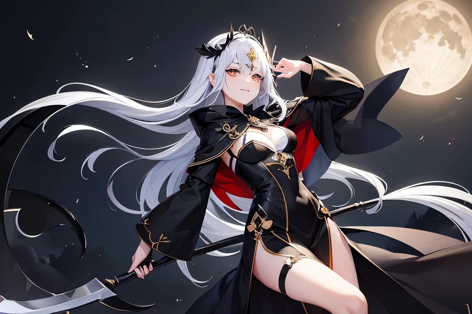 （high quality、masterpiece、be familiar with、normal body、A body without defects）（（Beautiful girl with Death Scythe in her right hand:1.4、Executioners、grim Reaper、silver hair、Black bristles、Golden eyes that emit a mysterious light））、Wearing a see-through black robe、Wearing a transparent racy white skirt:1.2、risque costume、transparent costume:1.3、multiple moons in a row、Moon phase is lined up at the back、smile shyly、Crescent moon emblem on the forehead、I have a death scythe with a long handle.:1.5、Death Scythe with a sharp edge.