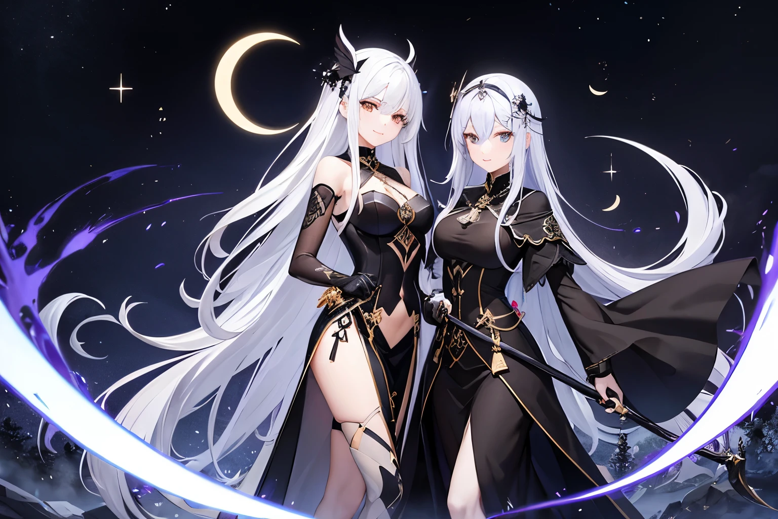 （high quality、masterpiece、be familiar with、normal body、A body without defects）（（Beautiful girl with Death Scythe in her right hand:1.4、Executioners、grim Reaper、silver hair、Black bristles、Golden eyes that emit a mysterious light））、Wearing a see-through black robe、Wearing a transparent racy white skirt:1.2、risque costume、transparent costume:1.3、multiple moons in a row、Moon phase is lined up at the back、smile shyly、Crescent moon emblem on the forehead、I have a death scythe with a long handle.:1.5、Death Scythe with a sharp edge.