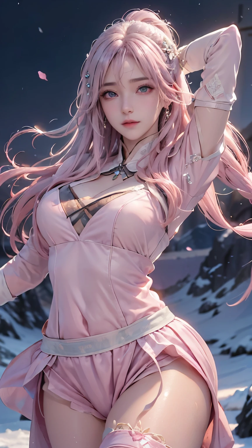 (logo、masterpiece、8k、table top、RAW photo、wonderful、最high quality、Photorealistic and hvery detailed CG integrated 8k wallpaper、high quality、very detailed、Narrative poem、particle effects、dynamic effects、written boundary depth、cinematic light、Lens flare、ray tracing)、fantasy、 (1 beautiful woman、light pink hair、beautiful face、real face、beautiful detailed eyes、beautiful skin、woman dancing gracefully:1.7、woman dancing gracefully:1.7)、Hair flutters in Wind、hair bounces、髪がWindで踊る、hair jump、halter neck、leather pants、leather jacket、silver earrings、night、Wind、darkness、雪とhoarfrost、very cold winter day、snow-capped mountainや森、hoarfrost、snow-capped mountain々、The beauty and brilliance of frost-covered trees、Serenity and beauty meadow of ice and snow world、vast land、Lakeside、wonderful景色、美しい自然のWind景、night空、Wind、cherry blossoms、cherry blossomsの花びらが舞っている、SakuraFubuki、falling petals