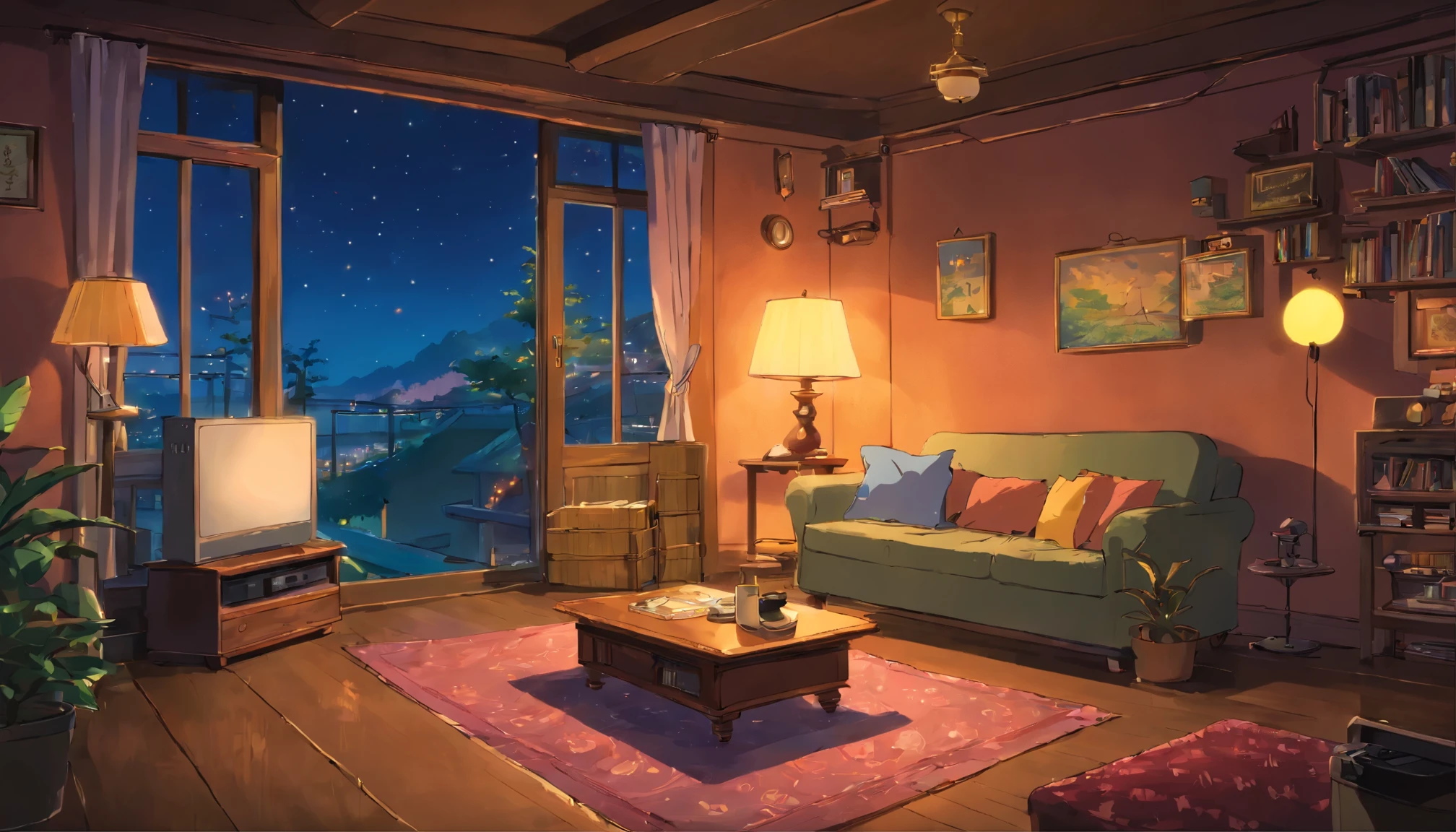 sitting listening to music in a cozy room at night, Usando fones de ouvido, Anime estilo 2D, lo-fi, hard disk, Ambiente escuro