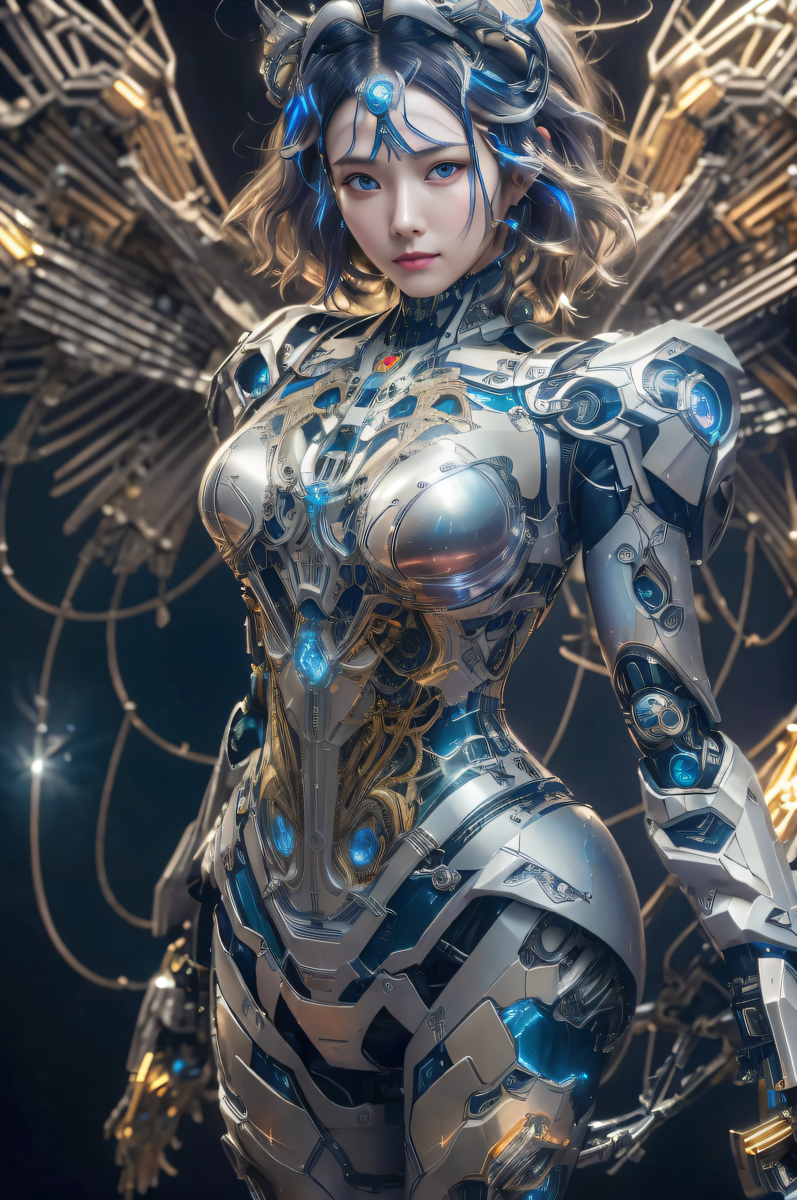 Masterpiece, best quality, super detailed, very detailed illustrations, very detailed, intricate details, high resolution, super complex details, very detailed 8k cg wallpaper, 50MM lens, caustics, reflections, ray tracing, nebulae, dark halos, network effects, (1girl:1.4), solo, alone, mecha musume, mechanical parts, robot joints, single mechanical arm, headgear, mechanical halo, star halo, electric mechanical bodysuit, mecha corset, kimono, full armor, very long hair, white hair, hair between eyes, multicolored hair, blue eyes, glowing eyes, random expression, random action, ancient chinese architecture, starry sky, skyline,