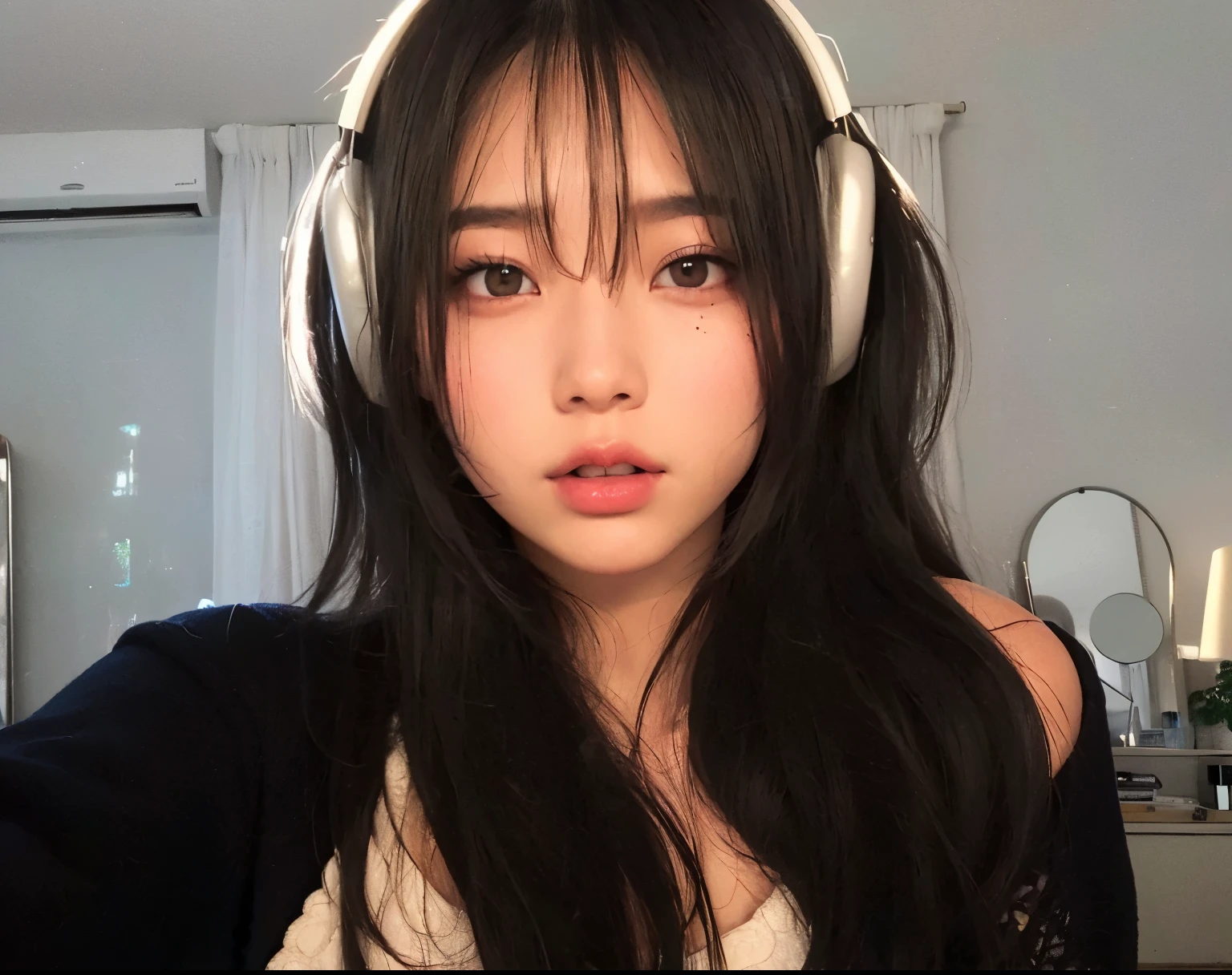 arafed woman con auriculares on in a bedroom, con auriculares, muchacha coreana, ulzzang, joven y adorable rostro coreano, chica lofi, ella tiene el pelo negro con flequillo, ilya kuvshinov con pelo largo, hermosa mujer surcoreana, shikami, cabello con flequillo blanco, Young cute pale asian face, con auriculares, pale korean adorable face