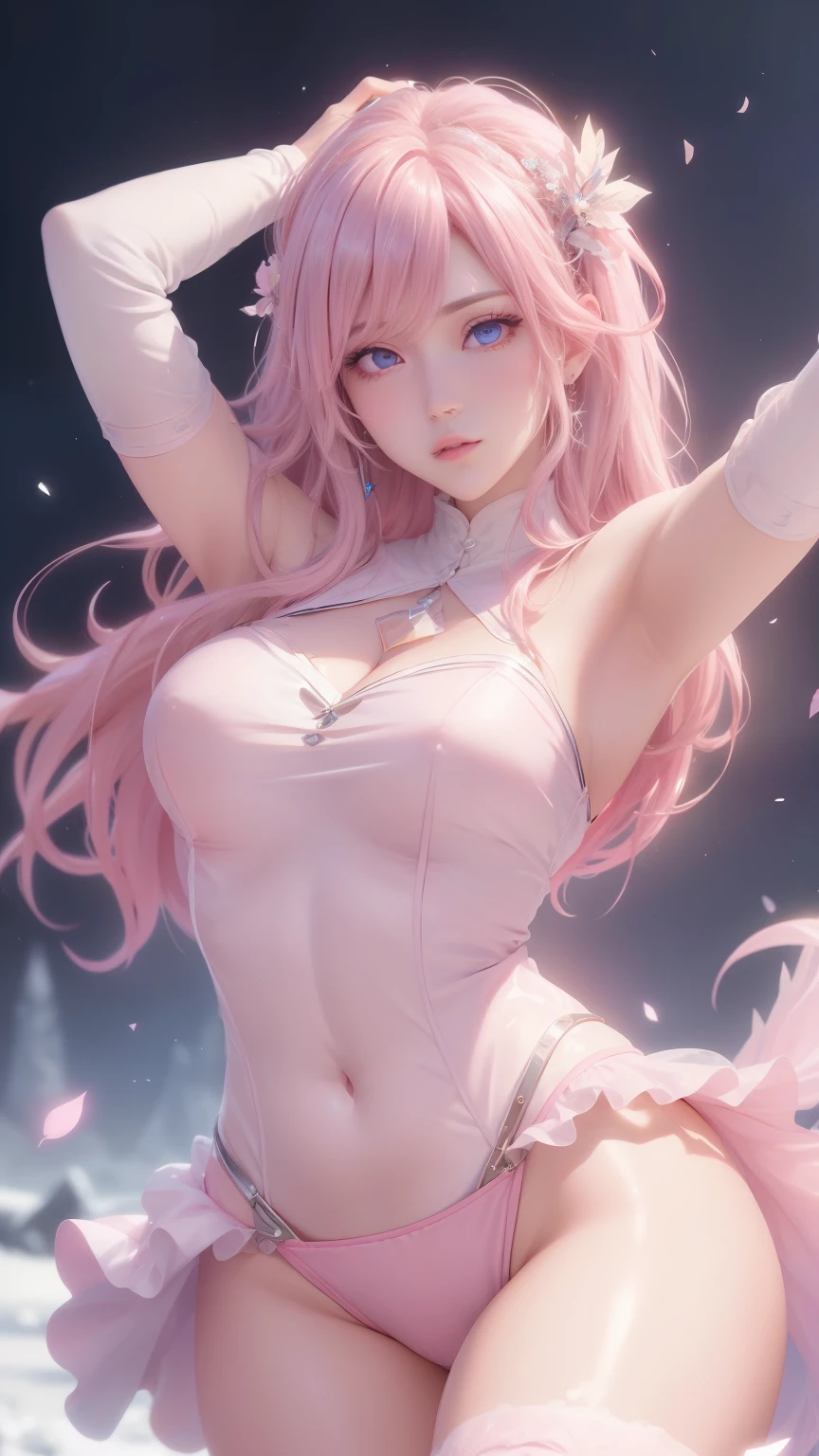 (logo、masterpiece、8k、table top、RAW photo、wonderful、最high quality、Photorealistic and hvery detailed CG integrated 8k wallpaper、high quality、very detailed、Narrative poem、particle effects、dynamic effects、written boundary depth、cinematic light、Lens flare、ray tracing)、fantasy、 (1 beautiful woman、light pink hair、beautiful face、real face、beautiful detailed eyes、beautiful skin、woman dancing gracefully:1.7、woman dancing gracefully:1.7)、Hair flutters in Wind、hair bounces、髪がWindで踊る、hair jump、halter neck、leather pants、leather jacket、silver earrings、night、Wind、darkness、雪とhoarfrost、very cold winter day、snow-capped mountainや森、hoarfrost、snow-capped mountain々、The beauty and brilliance of frost-covered trees、Serenity and beauty meadow of ice and snow world、vast land、Lakeside、wonderful景色、美しい自然のWind景、night空、Wind、cherry blossoms、cherry blossomsの花びらが舞っている、SakuraFubuki、falling petals