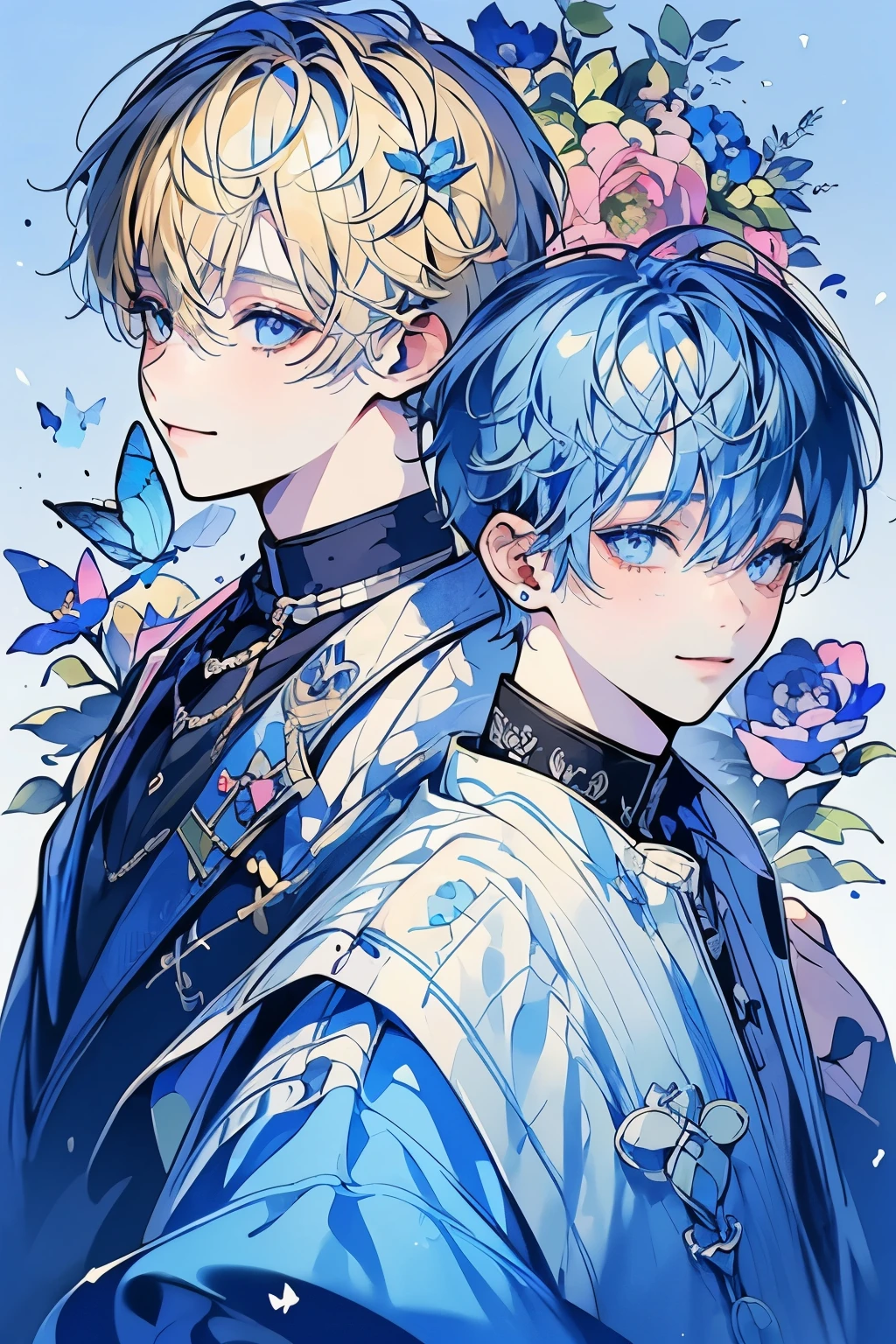 (muste piece), (highest quality), very detailed, (two boys:1.4), concentrated，perfect face, beautiful face, very detailed顔，(blue eyes:1.3)，flower，butterfly々，flowerびら，Light，(smile:1.3)，(Blue-haired boy:1.4)，(blonde boy:1.4)