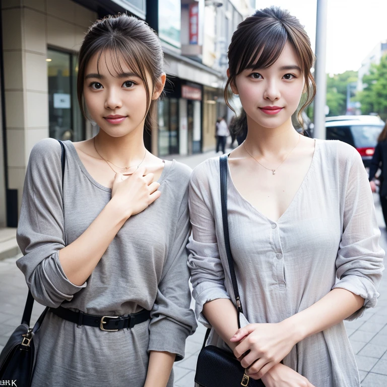 ((8k:1.27)、highest quality、masterpiece、超A high resolution:1.2)photo beautiful japanese women (fun:1.1) (gray clothes:1.21) Designed by Greg Rutkowski and Alphonse Mucha Complex elegance、fantasy、detailed、geometry、gradient lighting、1 girl、26 years old、delicate skin、looking at the audience、brown eyes、(flaxen short hair:1.2)、(very big breasts:1.0)、(medium areola:0.8)、(Photoreal:1.4)、(highest quality:1.0)、(超A high resolution:1.0)、(Without the use of hands:1.0)、8k、Raw photo、 (representative song: 0.2), (Pueros face_v1:0.5)、tight clothes、Boston bag、No sleeve、one piece、No sleeve、See-through、smile、shortcut、necklace、linen material、shirt、Ginza 4-chome、after work、evening、business fashion、parted bangs、hair tied up、gentle smile、The chest is emphasized by the belt of the bag、lapel rack、stylish building wall、street