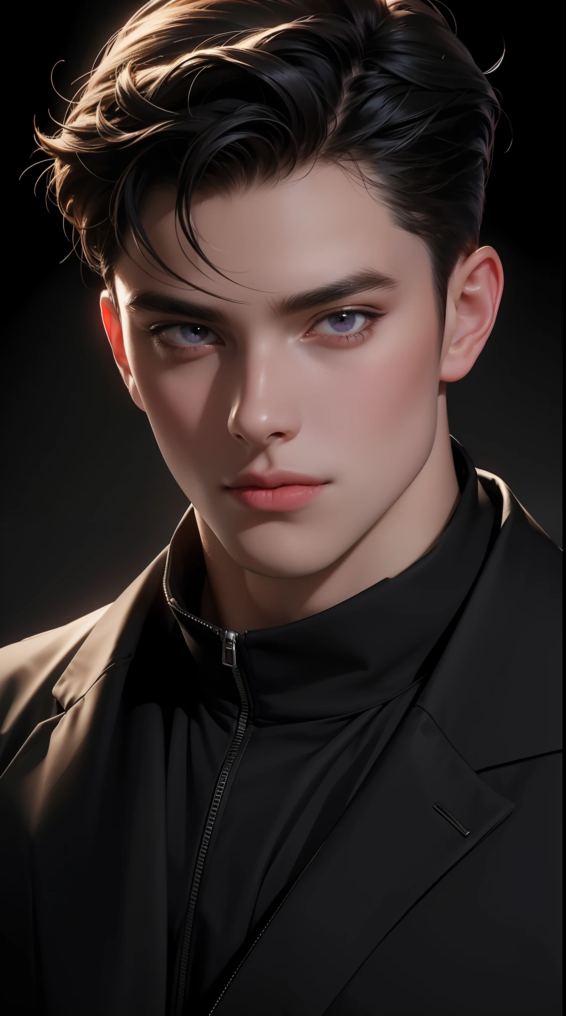 (best quality,4k,8k,highres,masterpiece:1.2),ultra-detailed,realistic,professional,(portraits,concept artists),vivid colors,sharp focus,HDR,studio lighting,(black hair:1.1),(purple eyes:1.1), a man, muscualr,strong body,trained, half sleeve black jacket,