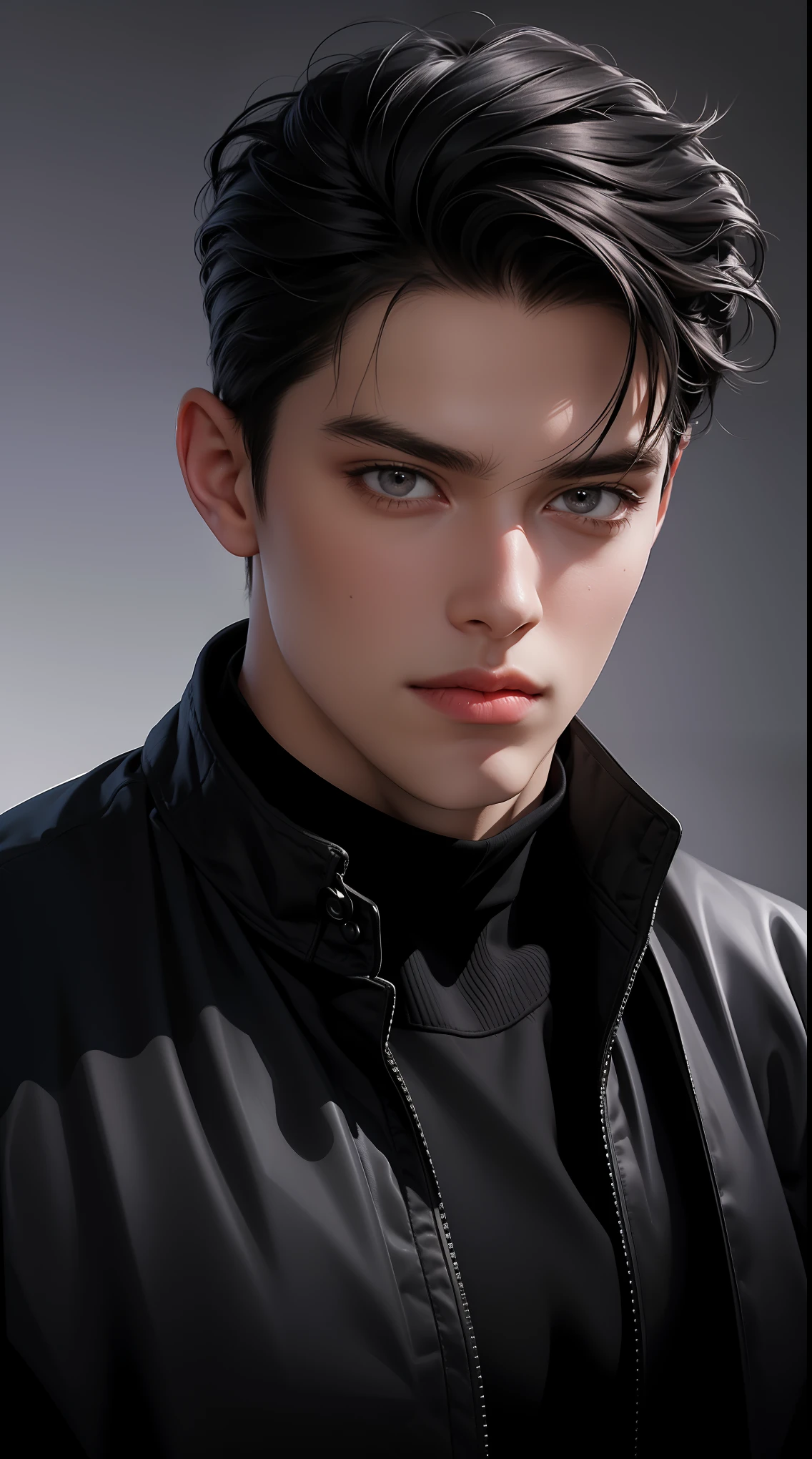 (best quality,4k,8k,highres,masterpiece:1.2),ultra-detailed,realistic,professional,(portraits,concept artists),vivid colors,sharp focus,HDR,studio lighting,(black hair:1.1),(purple eyes:1.1), a man, muscualr,strong body,trained, half sleeve black jacket,