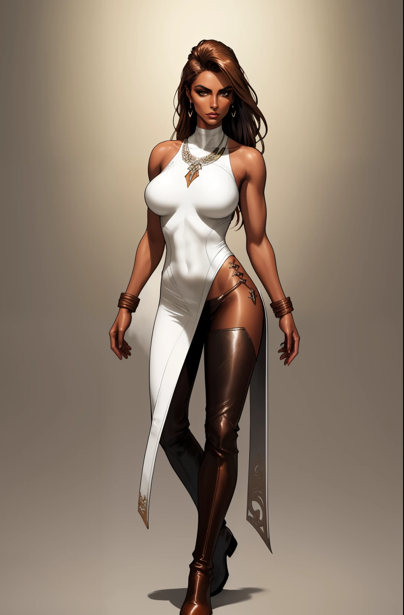 bronze skin, tanned, gorgeous woman, full body shot, lithe, blank background, black background, white tunic, leg slit, brown leather boots, laced leather pants