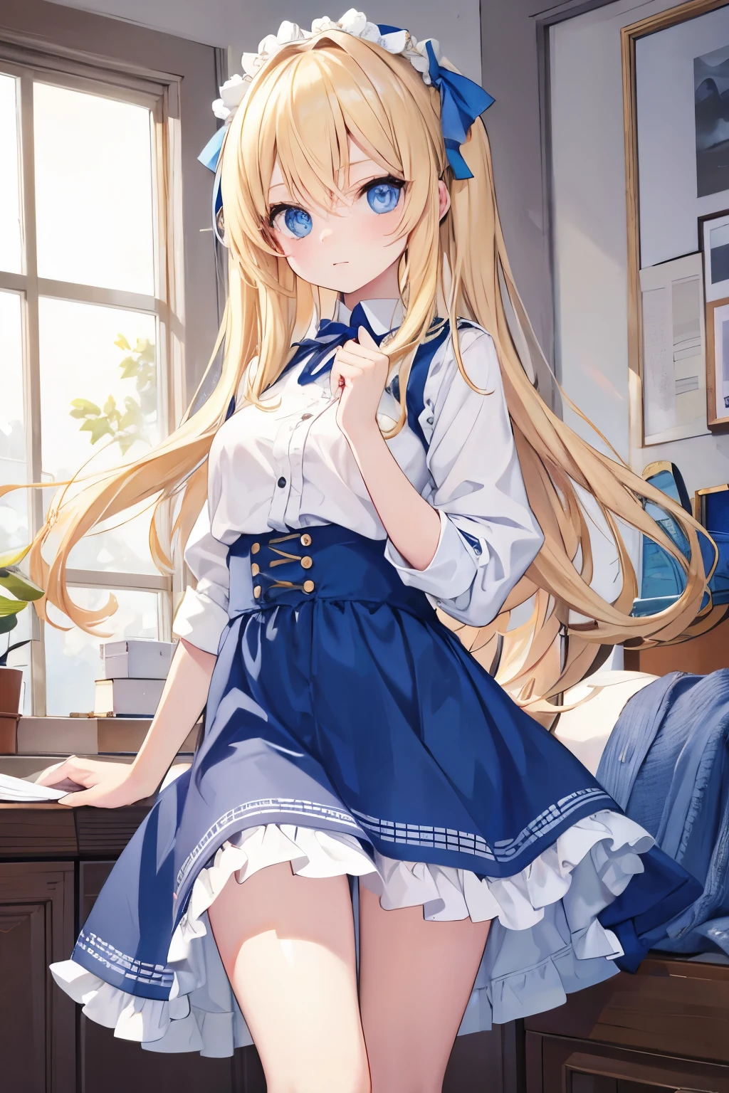 1 girl, blonde_hair, underwear, blue_Eye, underwear, Raise your legs high, animal_ear, long_hair, alone, rabbit_ear, hair_decorate品, apron, existdoors, OK, ribbon, Forged_animal_ear, skirt, bow, white_underwear, hairclip, lookexistg_exist_audience, blush, hair_ribbon, blue_skirt, white_Raise your legs high, skirt, clothing_lift, decorate, Alice_(Alice_exist_wonderland), chair, table, one_side_up, 