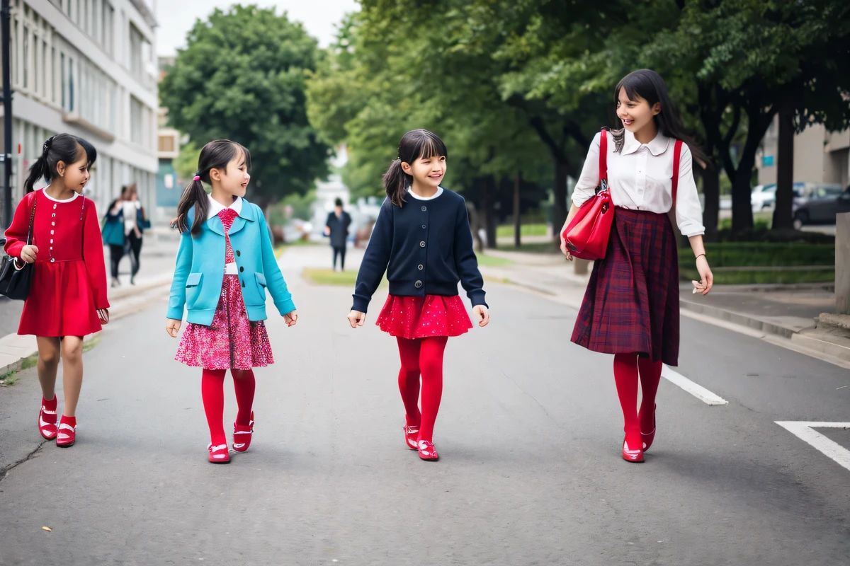 Walk around wearing different colored clothes with your friends、9 year old girl wearing red shoes alone。
