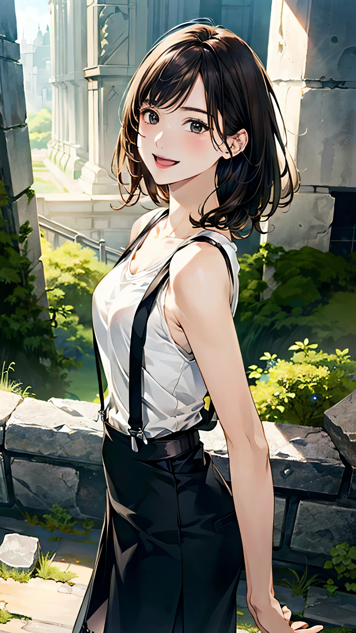 (masterpiece:1.2, top-quality), (realistic, photorealistic:1.4), beautiful illustration, (natural side lighting, movie lighting), ,
looking at viewer, 1 girl, gakki, japanese, perfect face, perfect anatomy, cute and symmetrical face, small face, round face, shiny skin,
(short hair:1.4, straight hair:1.5, brown hair), swept bangs, gray eyes, long eye lasher, (middle breasts), slender,
beautiful hair, beautiful face, beautiful detailed eyes, beautiful clavicle, beautiful body, beautiful chest, beautiful thigh, beautiful legs, beautiful fingers,
((symmetrical clothing, black skirt, white tank tops, black suspenders, holster, garter belt, moderate breasts and tight clothes, both sides, behind, braless belt)),
(beautiful scenery), depth of field, morning, (ruins), standing, (smile, open mouth),