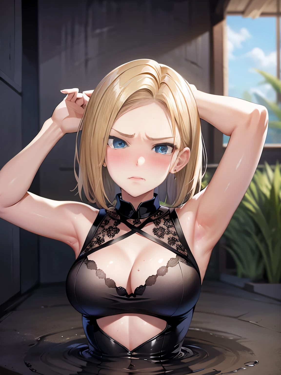 highest quality, High resolution, AND18, 1 girl, android 18, alone, blonde hair, blue eyes, short hair,earrings,big breasts, frown,blush, Sweat,Are crying,a regretful face,Black tight suit,streak, Raise your arms high and tie them with a rope,hanging in the air,looking at the viewer。Bottomless swamp,the sky is cloudy,The water surface is black and murky,it's raining,
