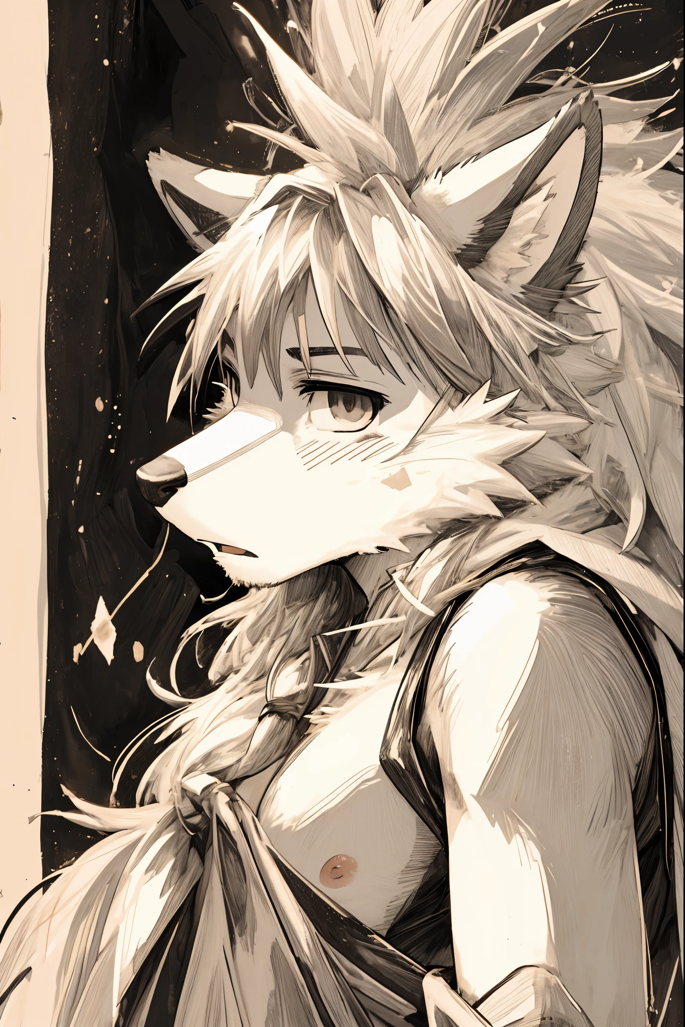 top quality, best quality, highres, unparalleled masterpiece, perfect artwork, paid reward available, indoor, couple of comics(super cute 1girl, 1wolf, kemono, furry anthro)tumblr, sosaku hanga, black and white manga page, manga page, doujin, ddlc, anime, comedy comic, black and white manga panel, zerochan,
