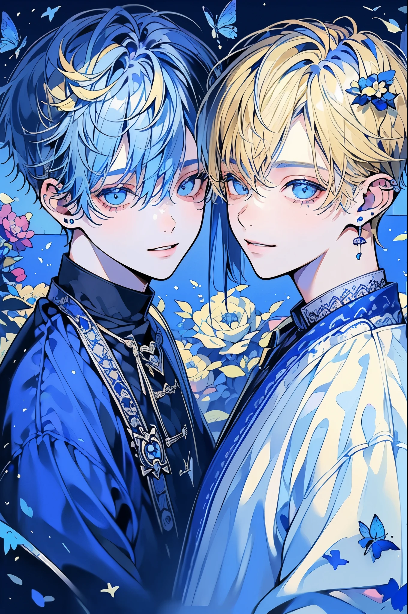 (muste piece), (highest quality), very detailed, (two boys:1.4), concentrated,perfect face, beautiful face, very detailed顔,(blue eyes:1.3),flower,butterfly々,flowerびら,Light,(smile:1.3),(Blue-haired boy:1.4),(blonde boy:1.4)