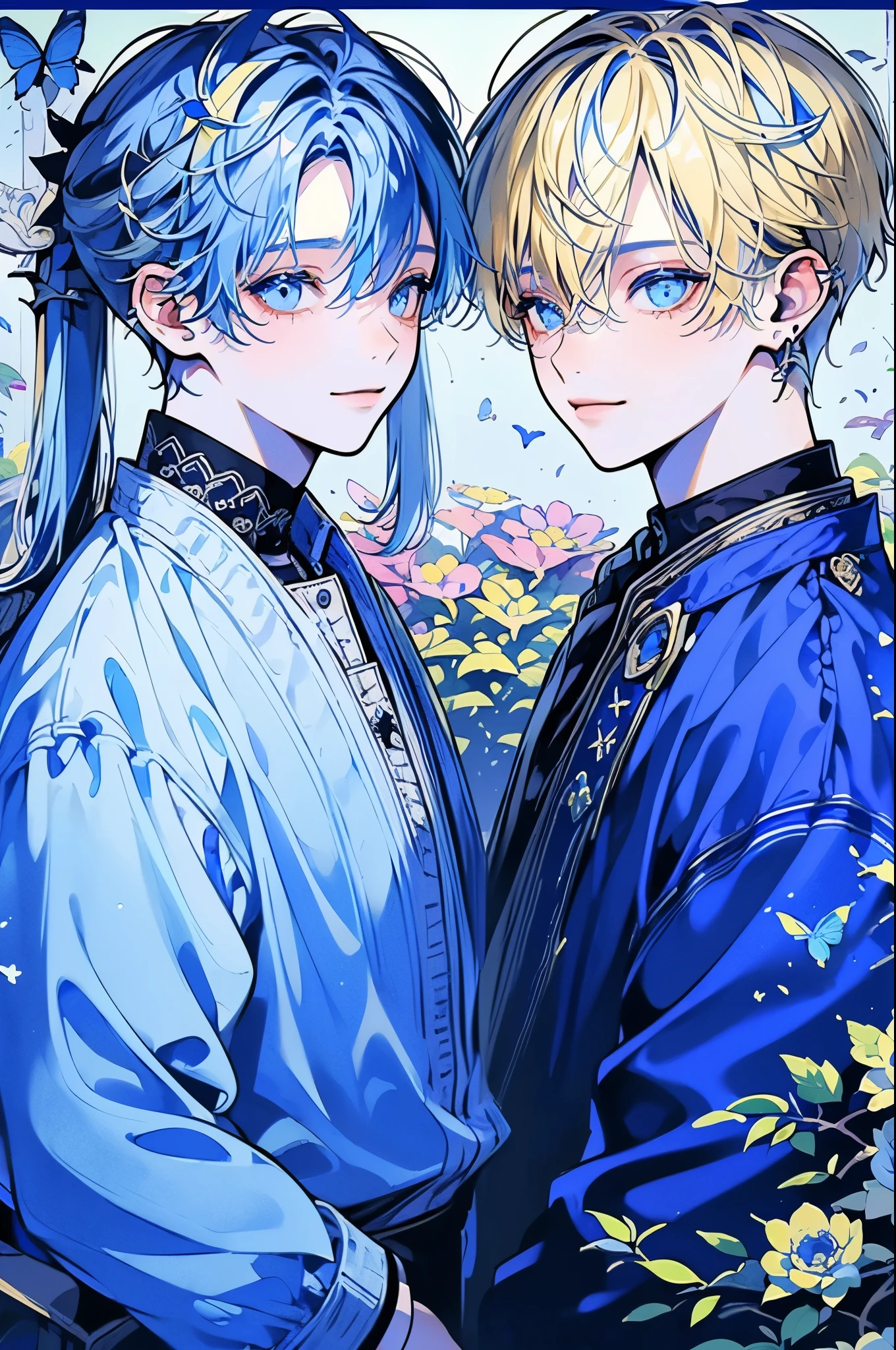 (muste piece), (highest quality), very detailed, (two boys:1.4), concentrated,perfect face, beautiful face, very detailed顔,(blue eyes:1.3),flower,butterfly々,flowerびら,Light,(smile:1.3),(Blue-haired boy:1.4),(blonde boy:1.4)