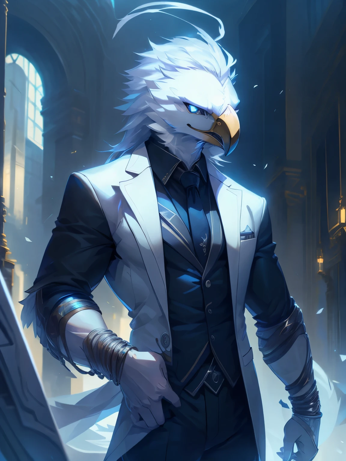 male, furry, Eagle anthro, solo, white fur, Silver eyes, (Realistic eye details 1.2), business suit wear, V0id3nergy, abs, Masterpiece, dramatic lighting, soft lighting, day, highly detail, Hair coiled, bird beak