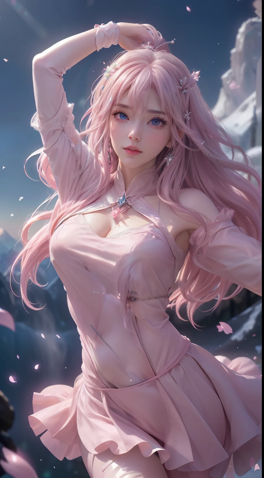 (logo、masterpiece、8k、table top、RAW photo、wonderful、最high quality、Photorealistic and hvery detailed CG integrated 8k wallpaper、high quality、very detailed、Narrative poem、particle effects、dynamic effects、written boundary depth、cinematic light、Lens flare、ray tracing)、fantasy、 (1 beautiful woman、light pink hair、beautiful face、real face、beautiful detailed eyes、beautiful skin、woman dancing gracefully:1.7、woman dancing gracefully:1.7)、Hair flutters in Wind、hair bounces、髪がWindで踊る、hair jump、halter neck、leather pants、leather jacket、silver earrings、night、Wind、darkness、雪とhoarfrost、very cold winter day、snow-capped mountainや森、hoarfrost、snow-capped mountain々、The beauty and brilliance of frost-covered trees、Serenity and beauty meadow of ice and snow world、vast land、Lakeside、wonderful景色、美しい自然のWind景、night空、Wind、cherry blossoms、cherry blossomsの花びらが舞っている、SakuraFubuki、falling petals