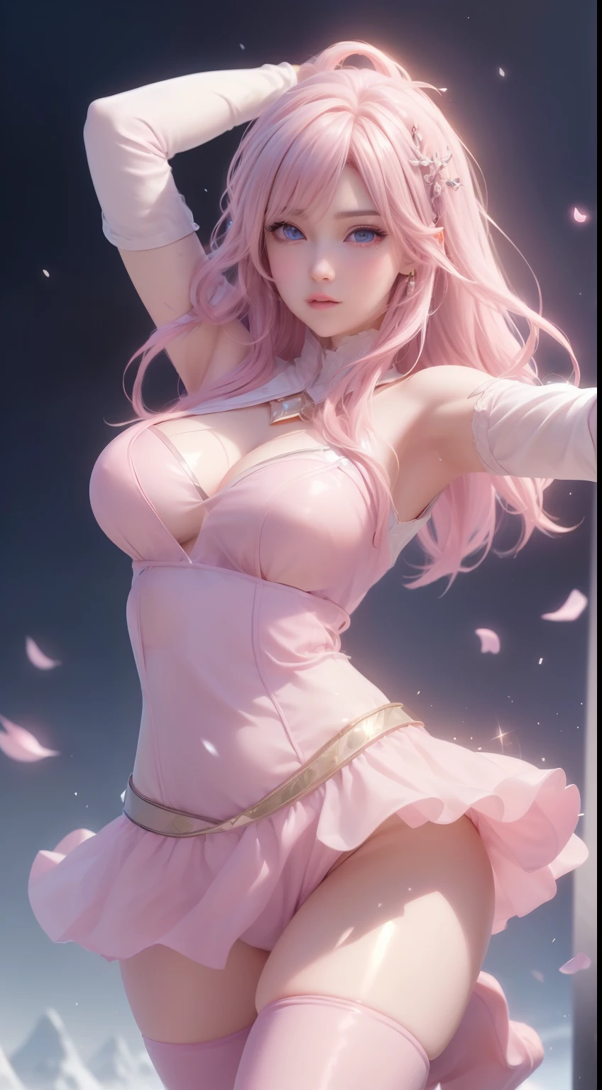 (logo、masterpiece、8k、table top、RAW photo、wonderful、最high quality、Photorealistic and hvery detailed CG integrated 8k wallpaper、high quality、very detailed、Narrative poem、particle effects、dynamic effects、written boundary depth、cinematic light、Lens flare、ray tracing)、fantasy、 (1 beautiful woman、light pink hair、beautiful face、real face、beautiful detailed eyes、beautiful skin、woman dancing gracefully:1.7、woman dancing gracefully:1.7)、Hair flutters in Wind、hair bounces、髪がWindで踊る、hair jump、halter neck、leather pants、leather jacket、silver earrings、night、Wind、darkness、雪とhoarfrost、very cold winter day、snow-capped mountainや森、hoarfrost、snow-capped mountain々、The beauty and brilliance of frost-covered trees、Serenity and beauty meadow of ice and snow world、vast land、Lakeside、wonderful景色、美しい自然のWind景、night空、Wind、cherry blossoms、cherry blossomsの花びらが舞っている、SakuraFubuki、falling petals