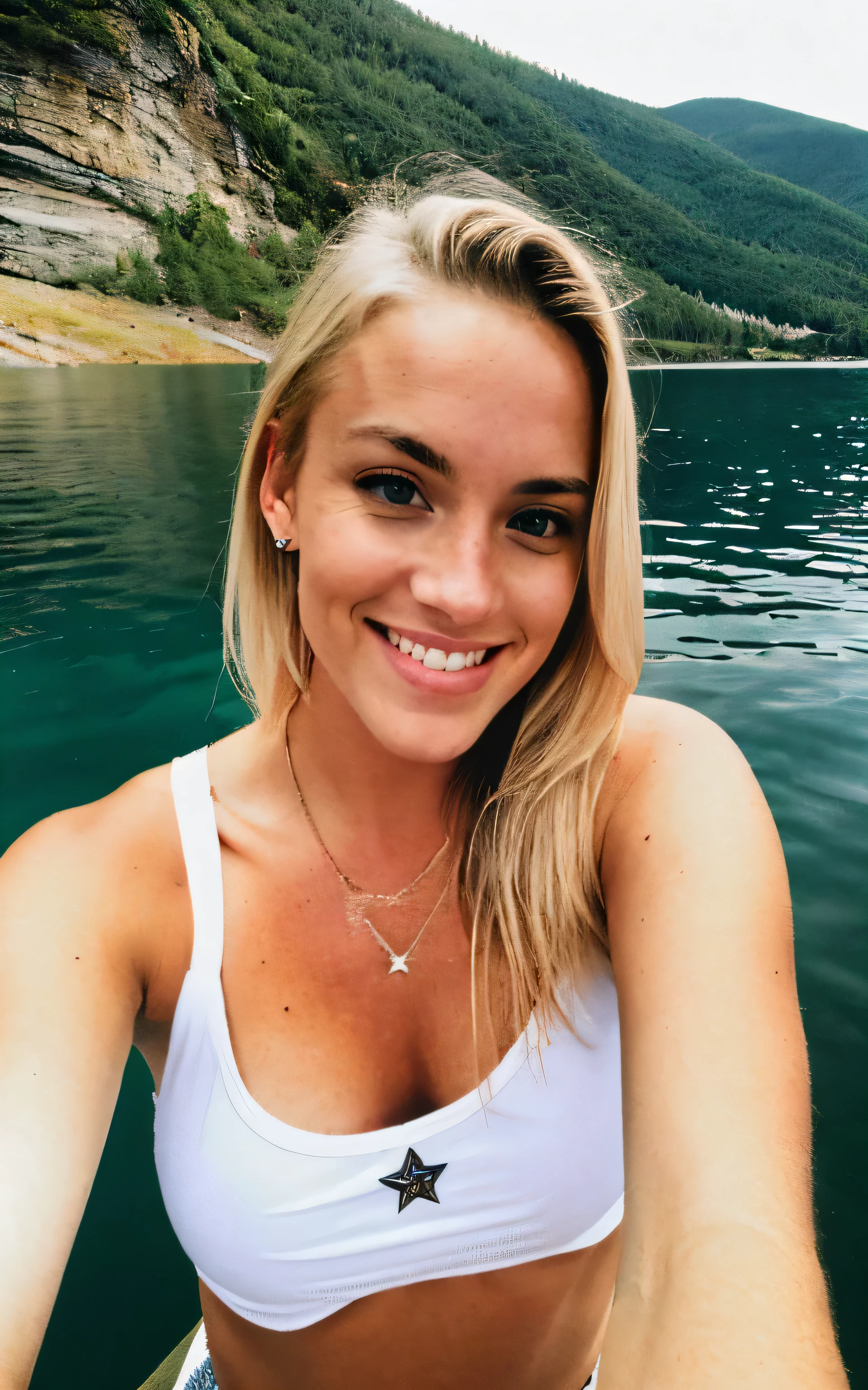 photographier, Photo de belle femme sexy, fishing, lac, montagne, jeune de 22 ans, blond, type swedish, Selfie, Haut du corps, seulement, porter un haut tee-shirt, stars, joyeux, heureux, sexy, Regarder le spectateur, Texture de la peau, cereal photos, Photo brute