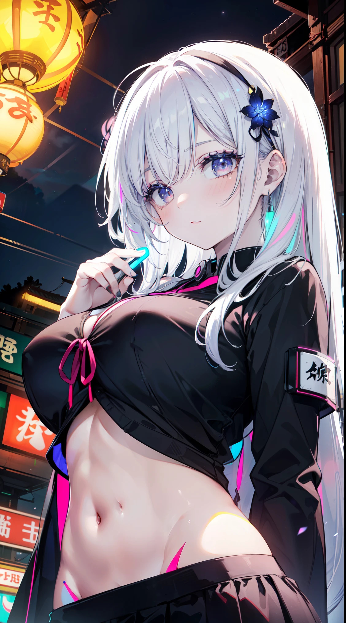 On noisy streets，Beautiful girl in a school uniform with bright makeup, beautiful portrait of a stunning goddess girl, beautiful detailed face, porcelain skin, Half body shot, are in the center,(he&#39;s black,navel:1.2),((Rays of moonlight,night,Big neon,Strong neon lights,The edge is illuminated,two colored lanterns))),