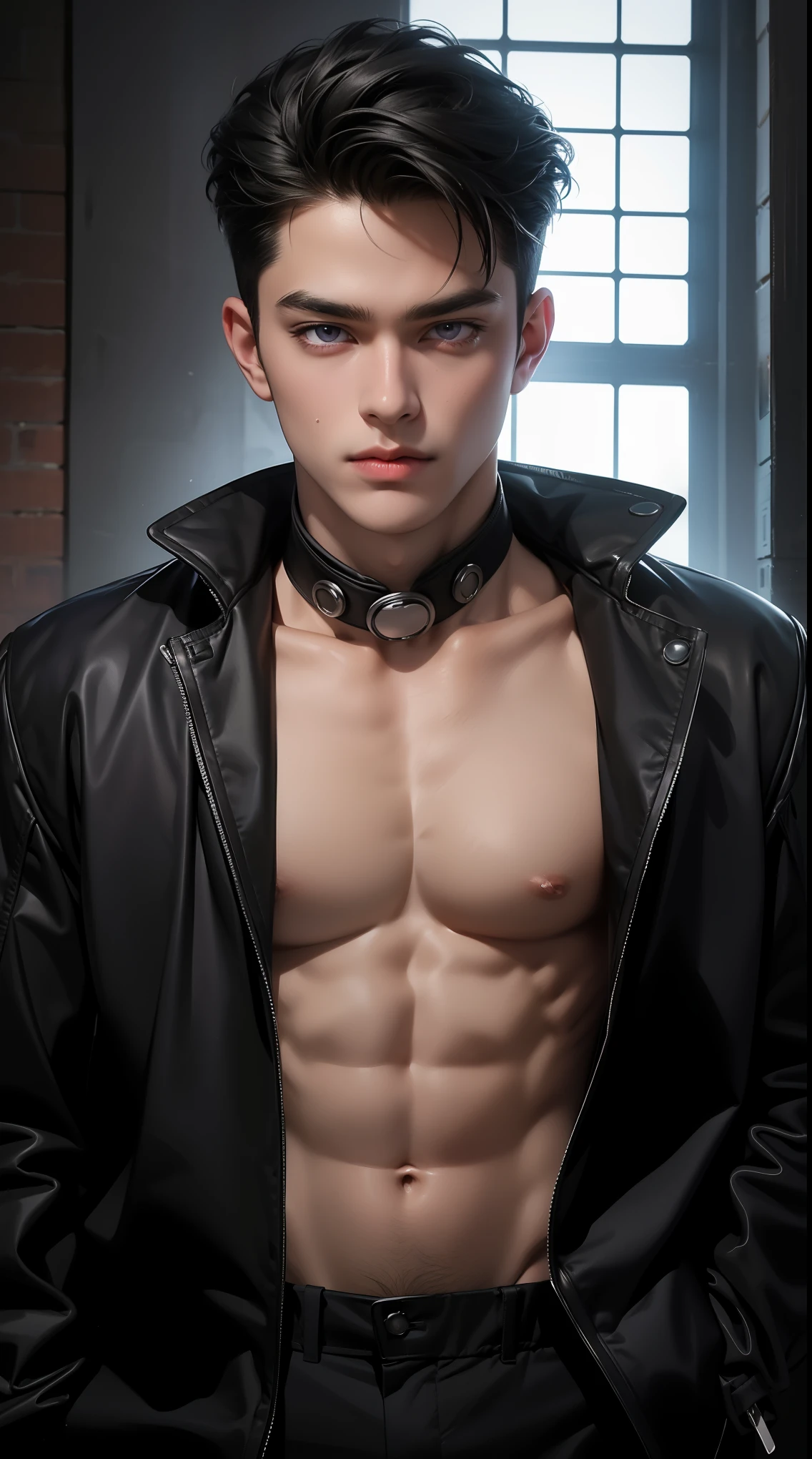 (best quality,4k,8k,highres,masterpiece:1.2),ultra-detailed,realistic,professional,(portraits,concept artists),vivid colors,sharp focus,HDR,studio lighting,(black hair:1.1),(purple eyes:1.1), a man, muscualr,strong body,trained, ((wearing half sleeve black jacket)),