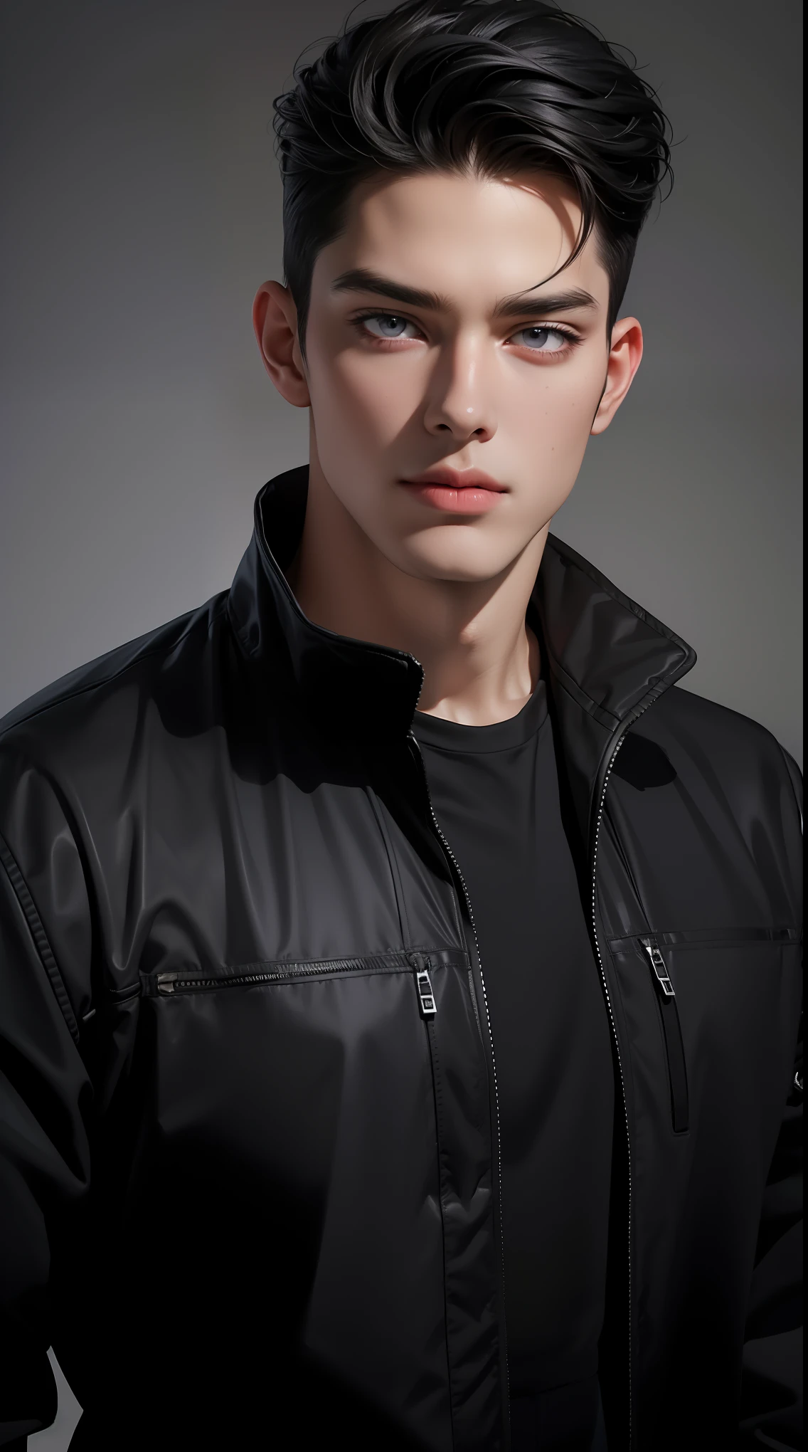 (best quality,4k,8k,highres,masterpiece:1.2),ultra-detailed,realistic,professional,(portraits,concept artists),vivid colors,sharp focus,HDR,studio lighting,(black hair:1.1),(purple eyes:1.1), a man, muscualr,strong body,trained, ((wearing half sleeve black jacket)),