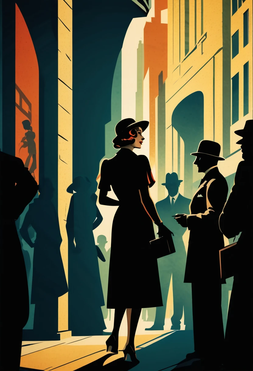 On a shadowy corner a woman exchanges information with the shadow of a secret agent, in the background a crowd of people on the streets of a city, art deco,