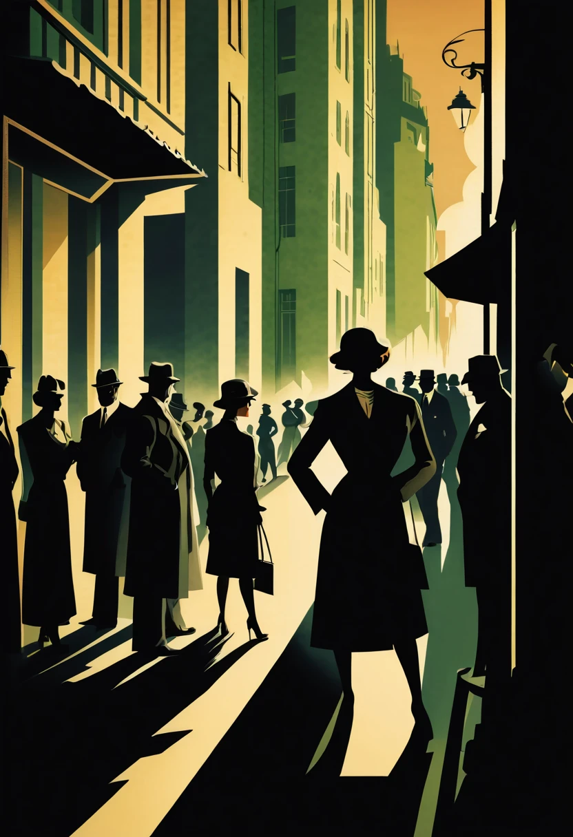 On a shadowy corner a woman exchanges information with the shadow of a secret agent, in the background a crowd of people on the streets of a city, art deco,